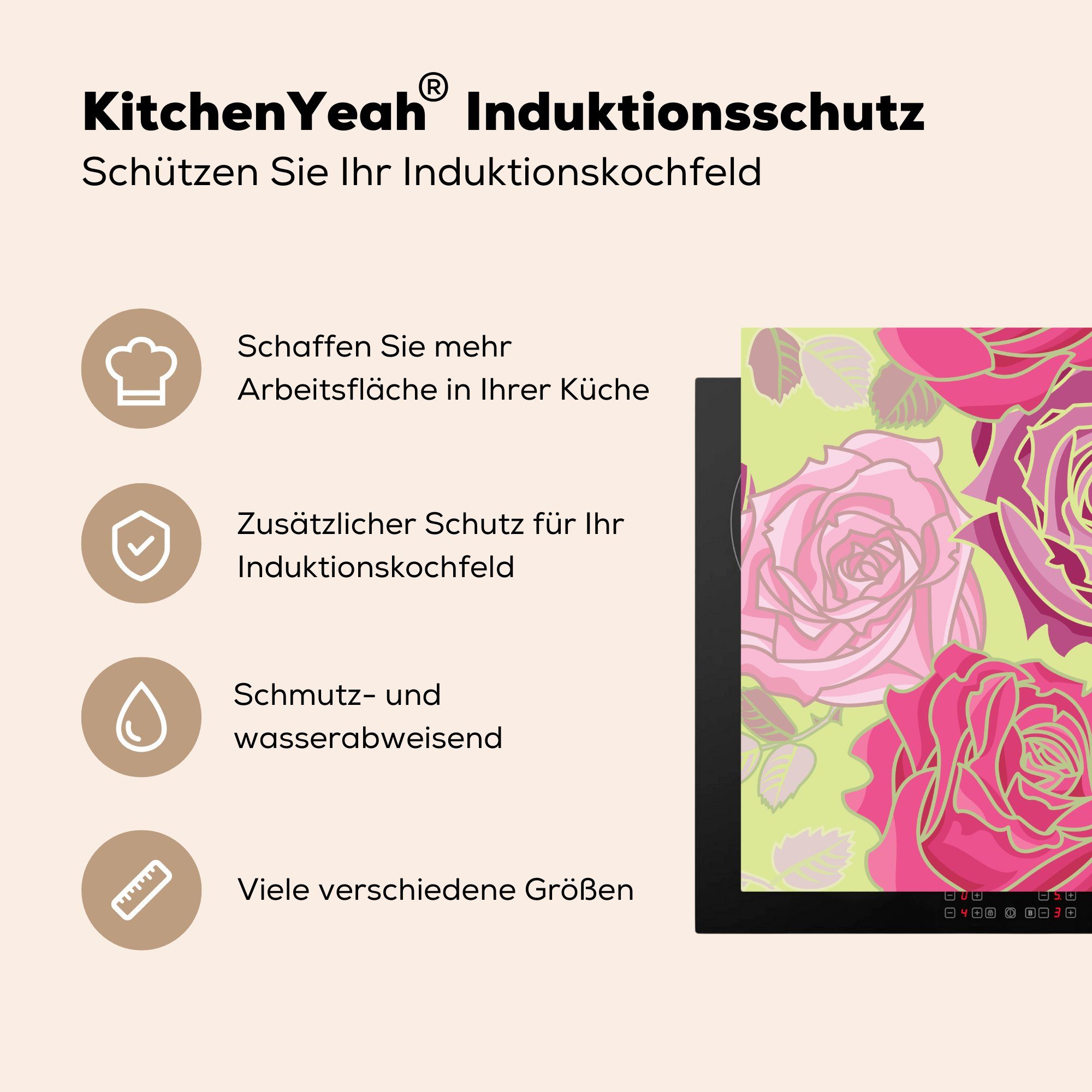MuchoWow Herdblende-/Abdeckplatte Rosen - Rosa Muster, für Vinyl, (1 küche cm, Arbeitsplatte 78x78 Ceranfeldabdeckung, tlg), 