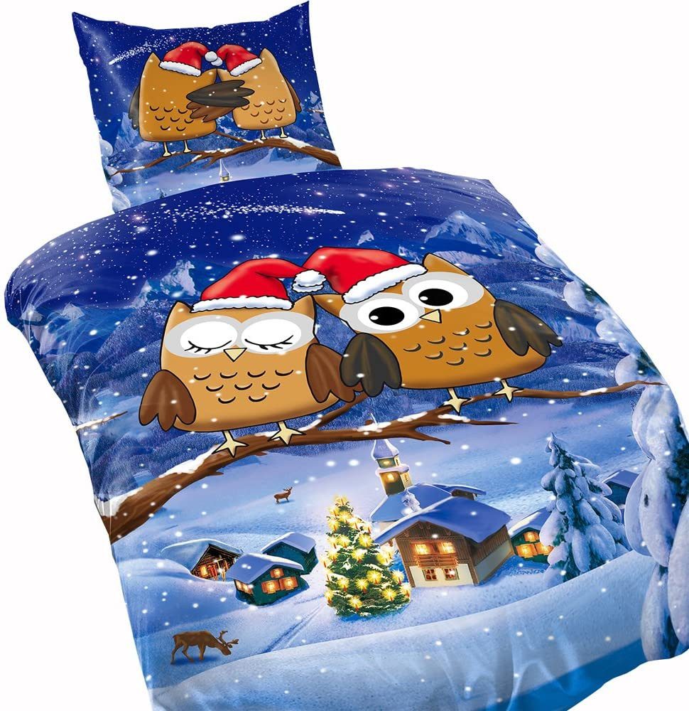 Visaggio Bettwäsche Winter Fleece Bettbezug flauschig warm, Fleece, 4 teilig, Thermofleece kuschelig weich, Eulenpaar – Bild 3 von 4