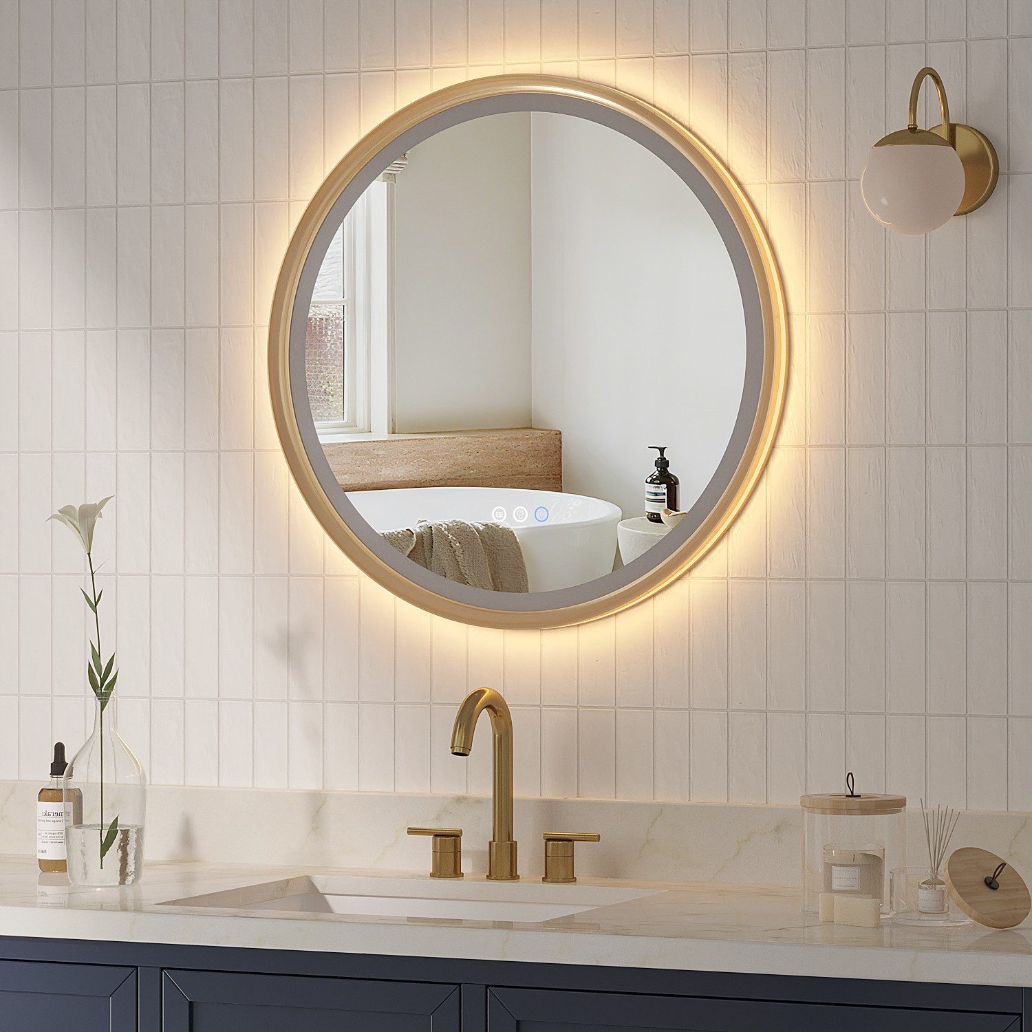 AQUALAVOS Rahmenspiegel-rund Badspiegel mit Beleuchtung Rund 60 cm Aluminiumrahmen Touch Schalter, LED Beleuchtung Dimmbar Kaltweiß & Warmweiß Touchschalter Alu-Rahmen