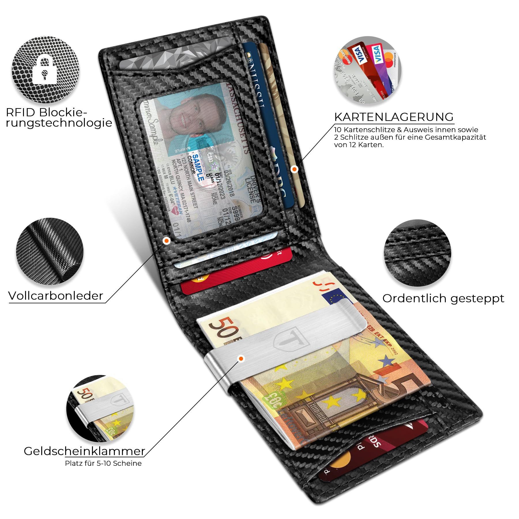 ibettertec Mini Geldbörse Geldbörse Herren Slim Wallet RFID Blocking Kohlefaserleder (Portmonee Herren mit 11 Kartenetui, Ausweisfenster, Geldscheinklammer, Minimalistischer Geldbeutel Herren,Geldbörse Herren mit RFID Schutz, Portmonee Portemonnaie Herren klein, Slim Wallet mit Münzfach, Mini Geldbörse Herren&Damen, Kreditkartenetui Kartenetui-Geldbeutel)