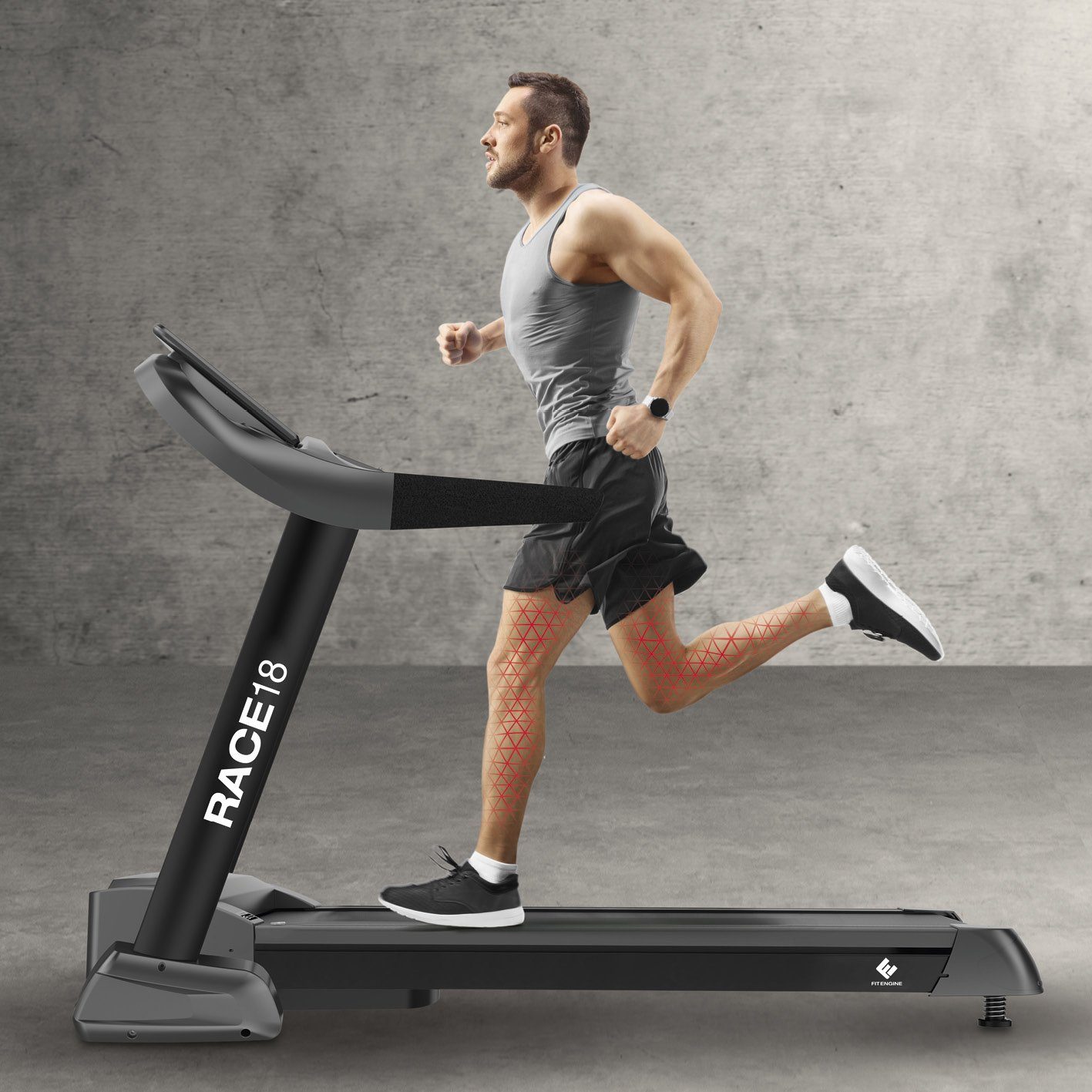 FitEngine Laufband RACE18 - Fitnessgerät - Heimfitness - bis 150 kg  belastbar, extra breite Lauffläche - bis 18 km/h & 15% Steigung
