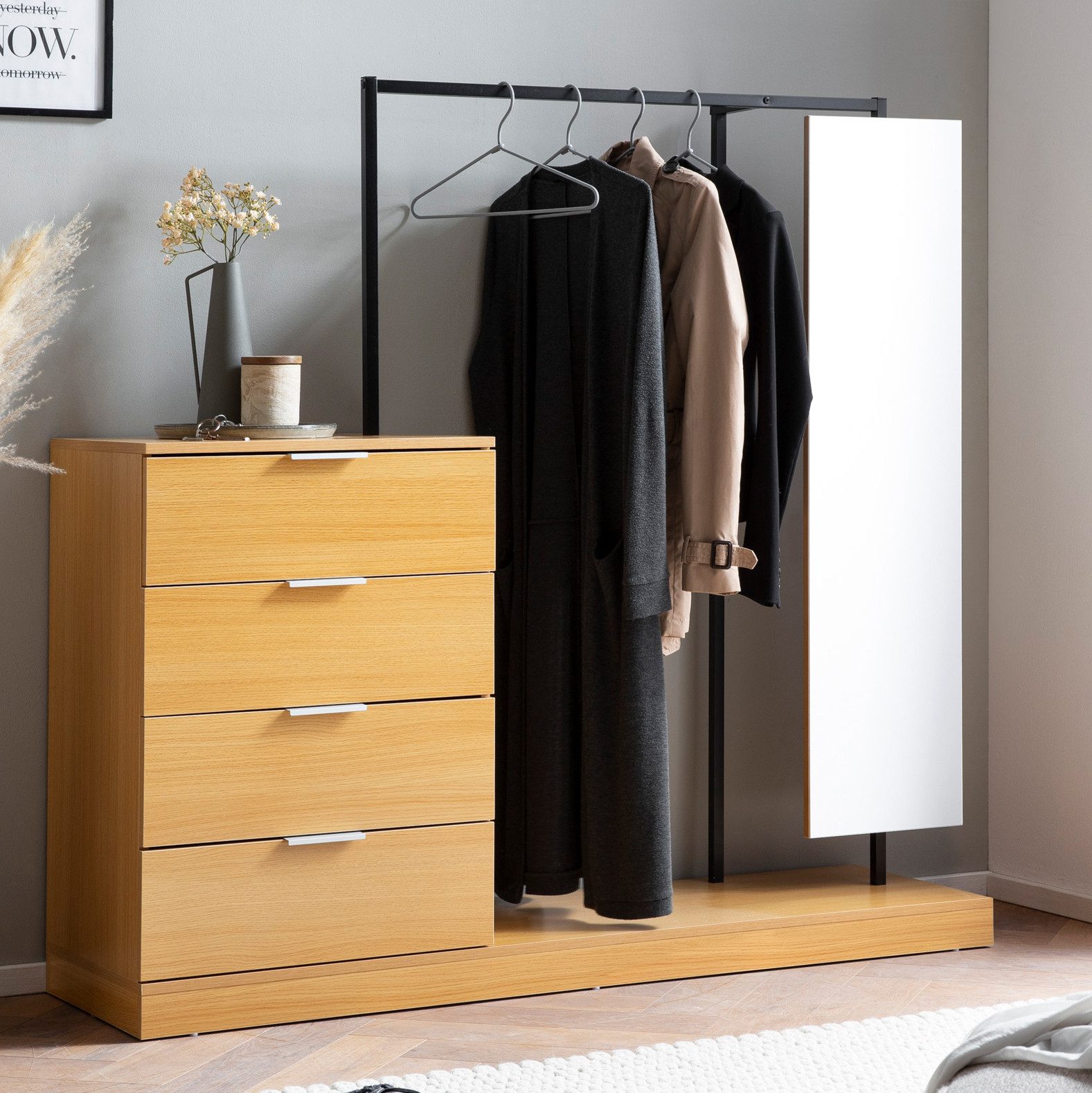 FINEBUY Garderobe Kleiderschrank Eiche 145 cm Schubläden Spiegel Kleidersta günstig online kaufen