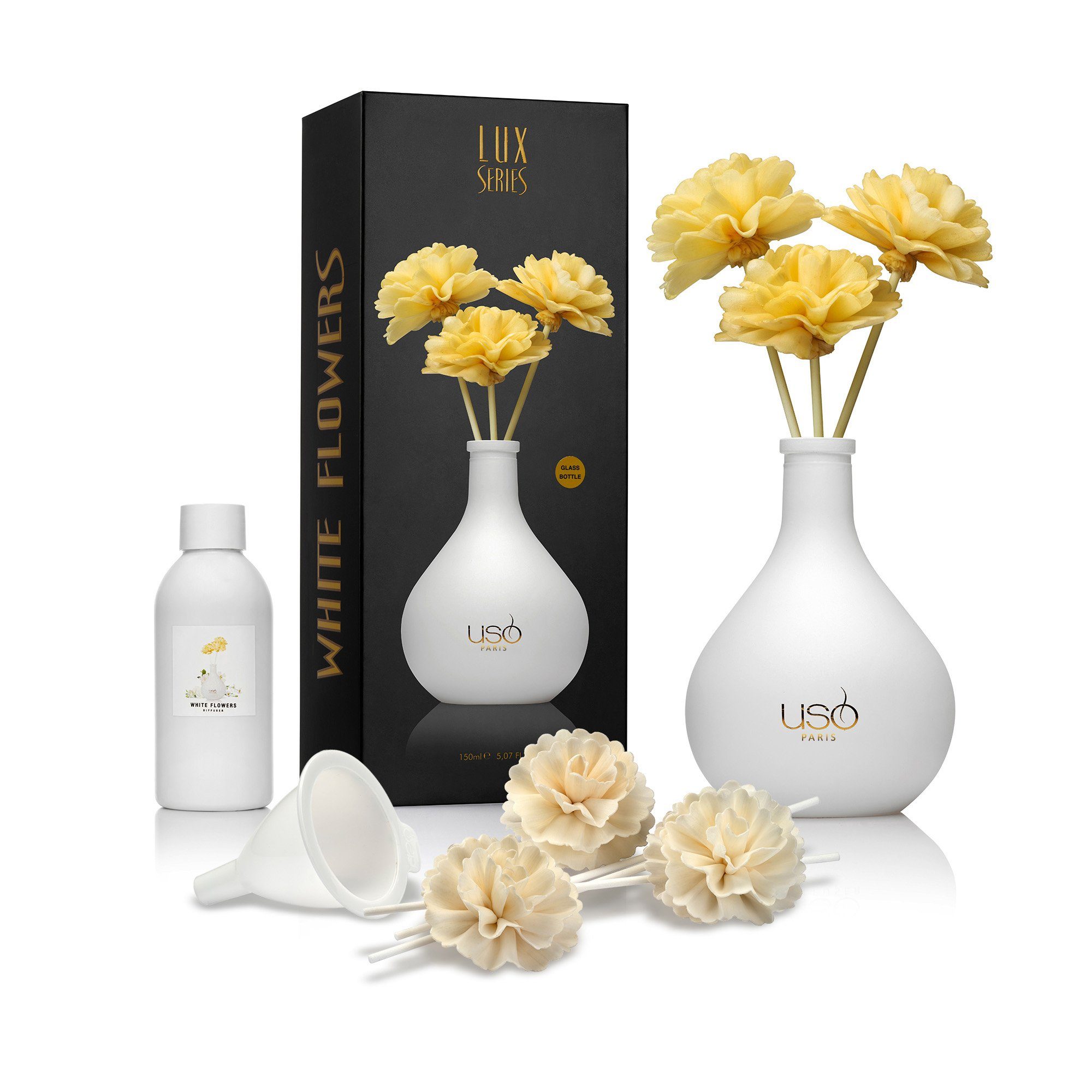 USO Paris Duft-Set White Flowers Diffuser mit langanhaltendem Duft für 30 Tage, Langanhaltender Duft
