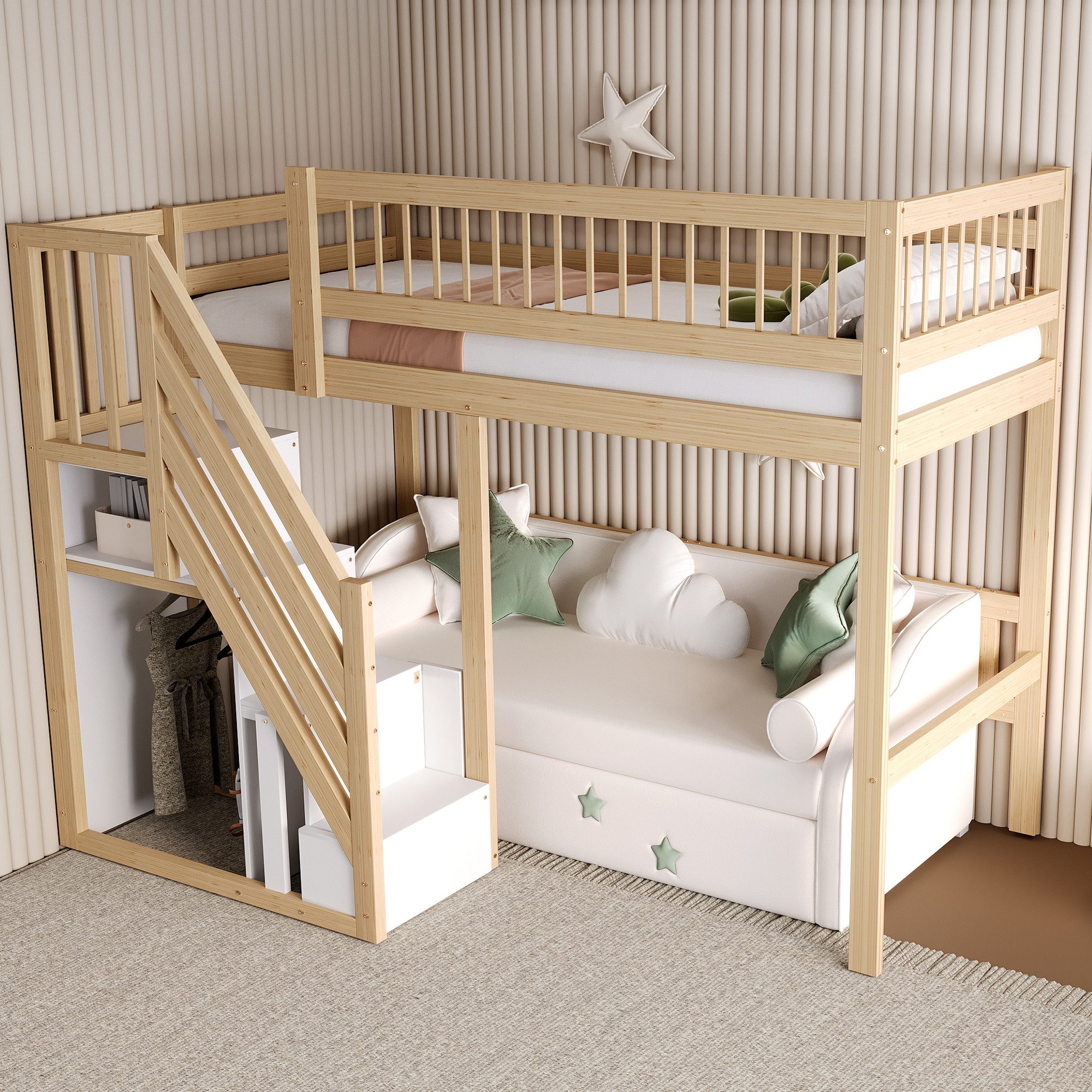 OKWISH Etagenbett Holzbett Kinderbett, Treppe mit Aufbewahrungsschrank (Jugendbett, Einzelbett, Massivholzrahmen, 90x200 cm), ohne Matratze