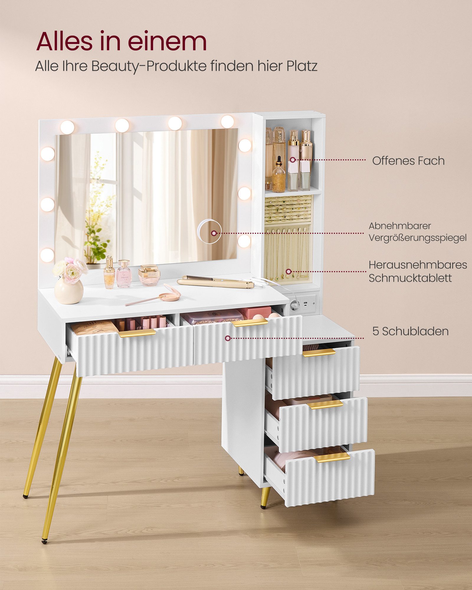 VASAGLE Schminktisch Frisiertisch mit Schubladen, Hocker, LED-Leuchten (Set, 1 Tisch mit 1 Hocker), Kosmetiktisch, 10x Vergrößerungsspiegel, Schmucktablett, Lad – Bild 4 von 5