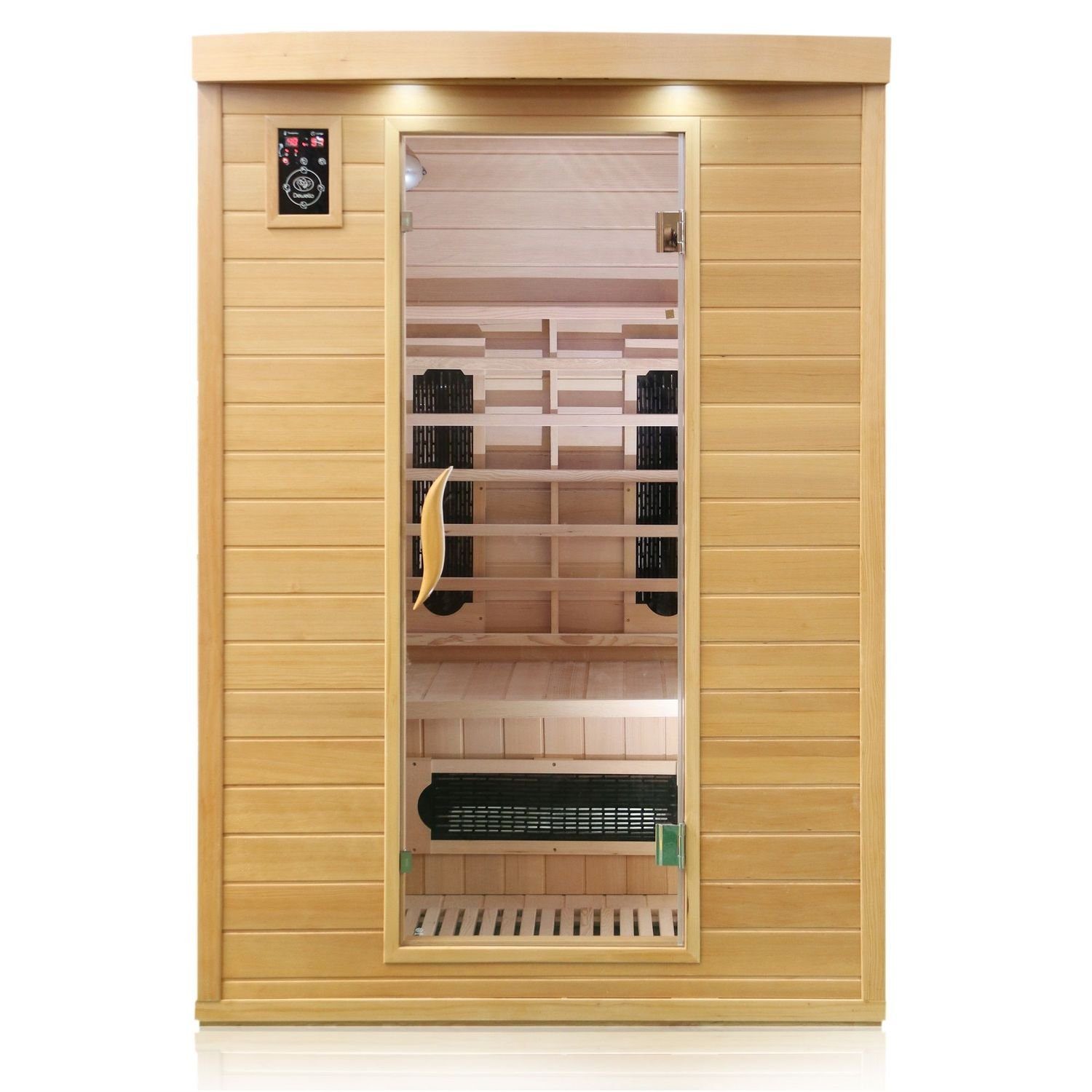 Dewello Infrarotkabine LAVAL PLUS, 135cm,x,105cm, für 1-2 Personen, Keramikstrahler, BxTxH: 135 x 105 x 190 cm, (Farblichttherapie, Ionisator mit Ozondesinfektion und Aromatherapie, Multimedia und zusätzlich USB-Anschluss & Bluetooth möglich) Sauna aus Hemlock-Tannenholz, leichter Aufbau dank Stecksystem