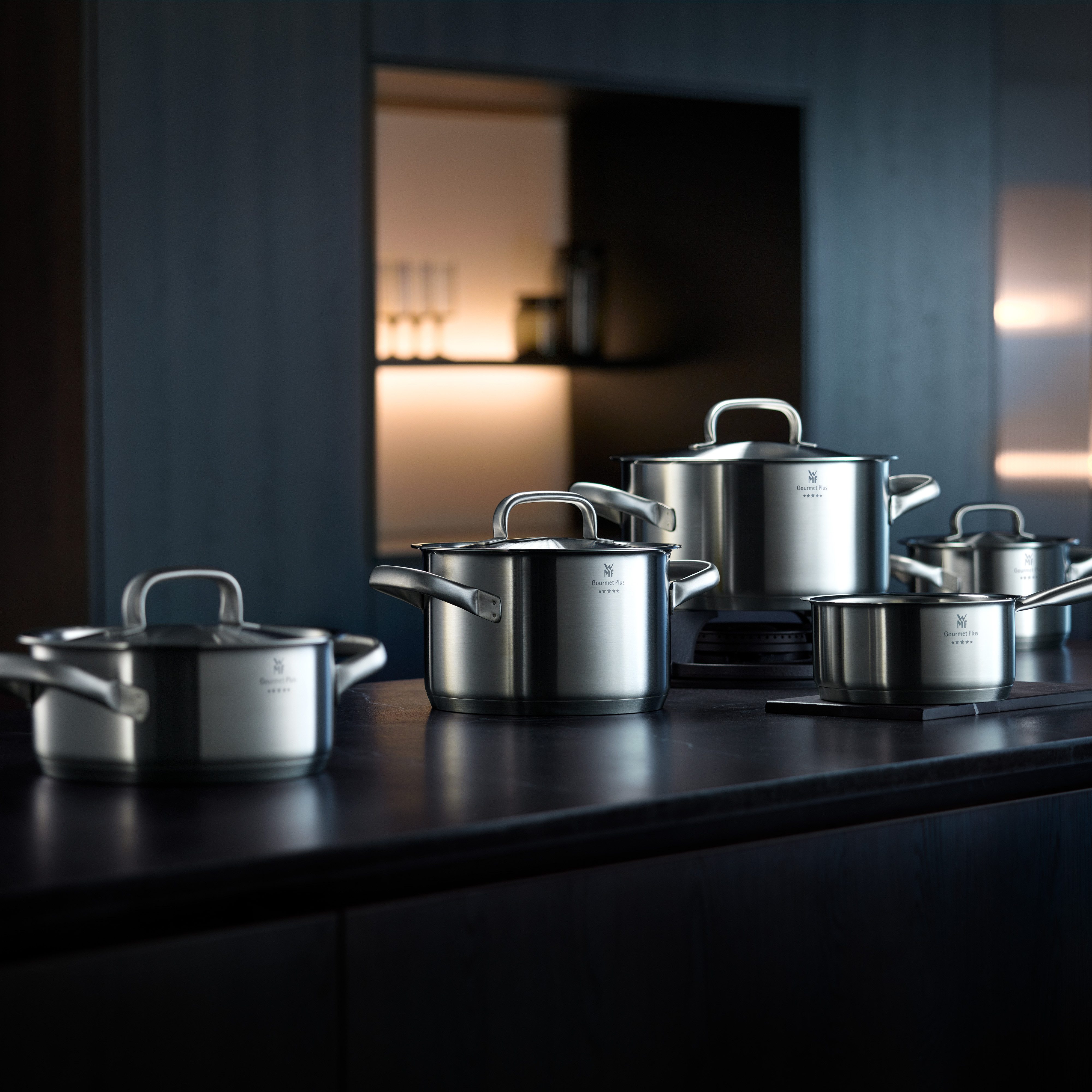 WMF Kasserolle Gourmet Plus, Cromargan® Edelstahl Rostfrei 18/10 (1-tlg), wärmeduzierende Hohlgriffe, Innenskalierung, breiter Schüttrand