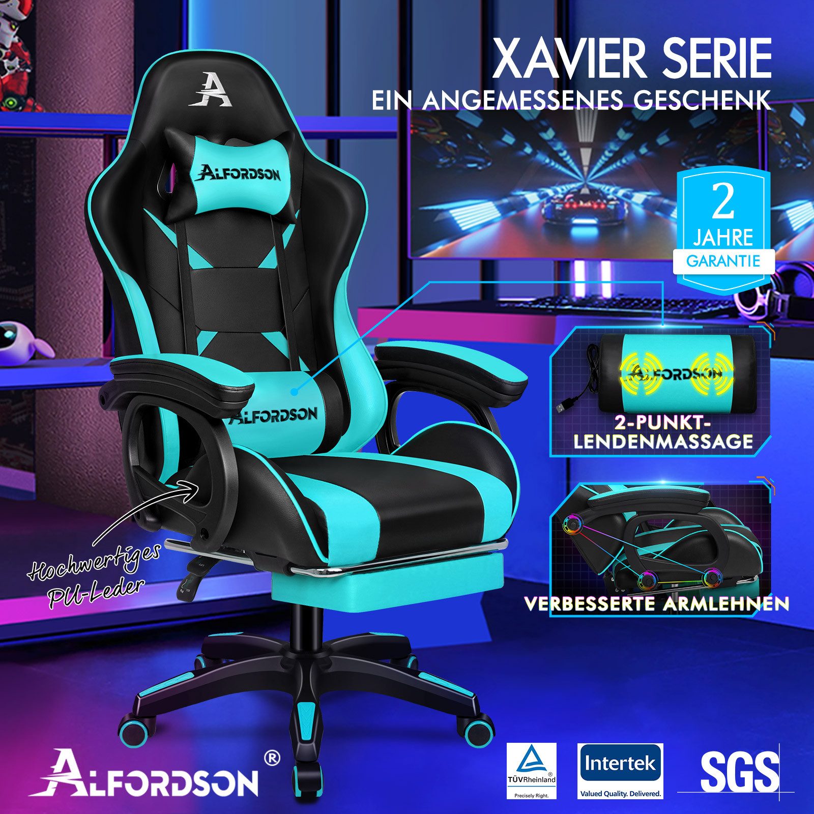 ALFORDSON Gaming-Stuhl mit Massage, verstellbar, PU-Leder, Grün und Schwarz günstig online kaufen