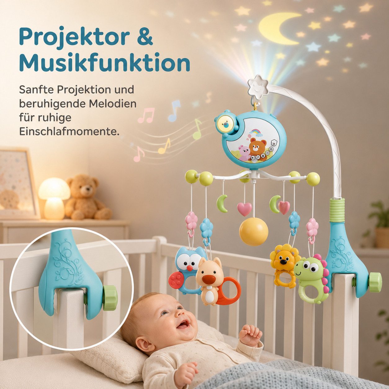 Luckice Mobile 3in1 Traumbärchen Mobile,mit Musik und Sternenprojektor, (drehbares Musikmobile mit Tieranhängern und Schraubklemme, Blau)