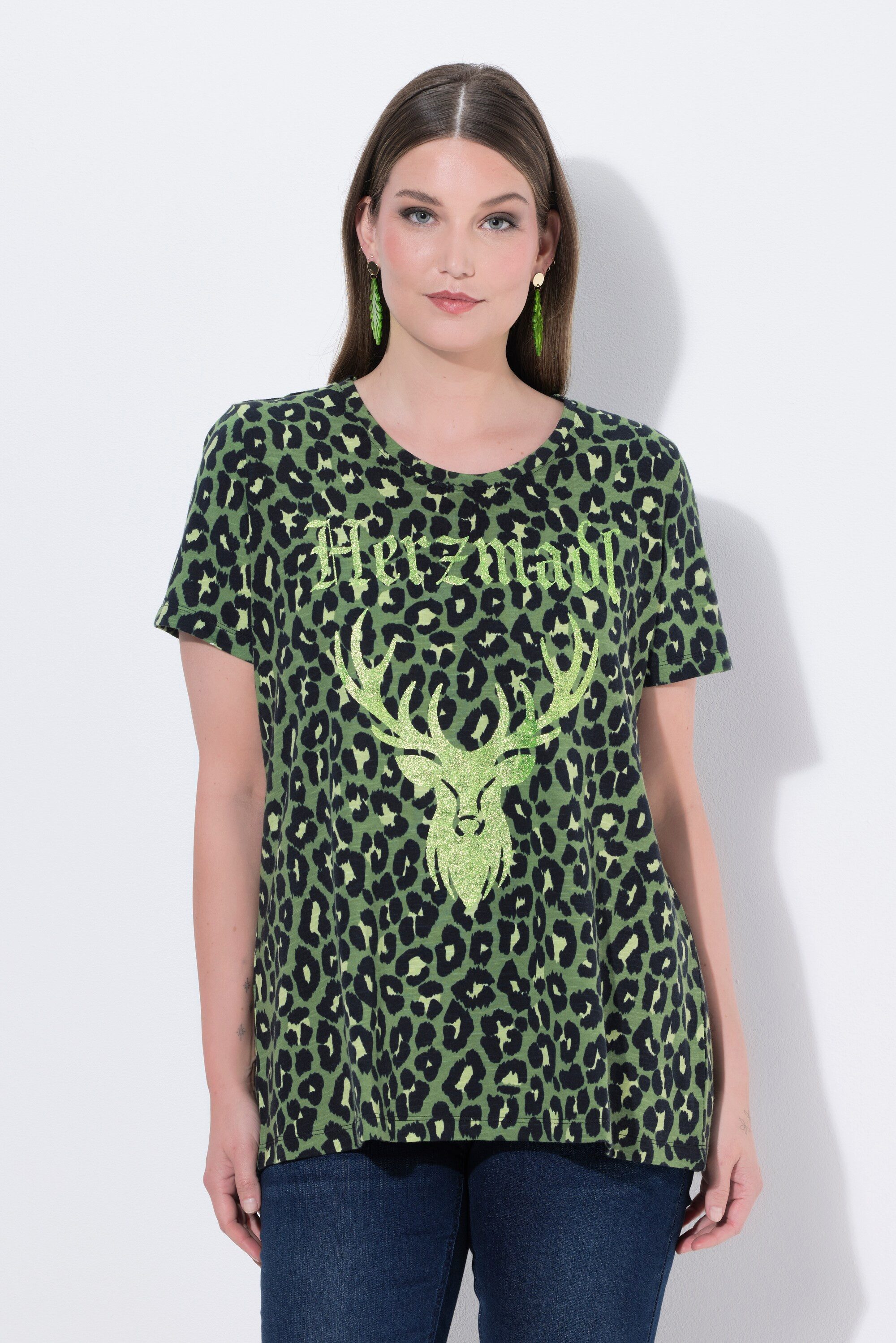 Ulla Popken T-Shirt T-Shirt Leomuster Hirsch Rundhals Halbarm