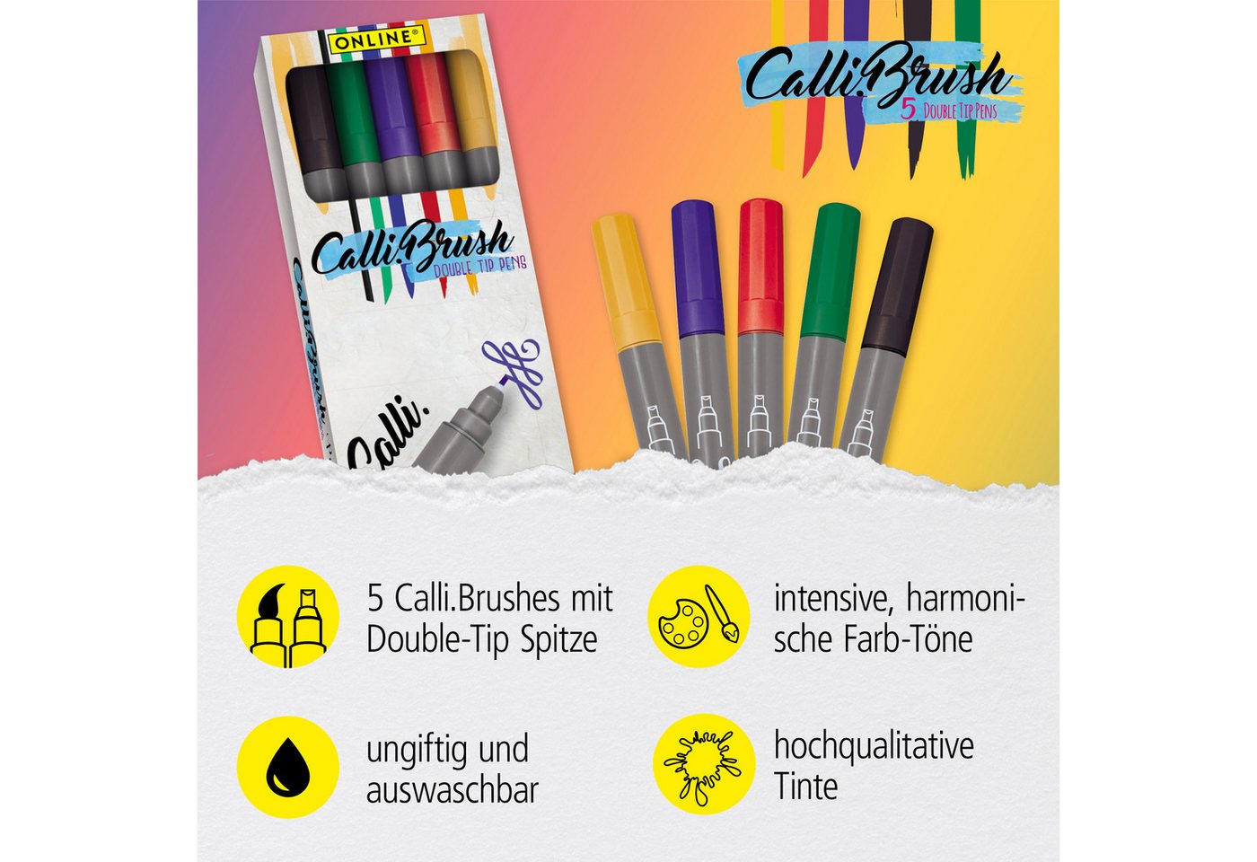 Thumbnail - Online Pen Fineliner Calli.Brush, (flexible Pinsel- und feine Kalligrafie-Spitze), 5x Handlettering Stifte Set, bunte Br...