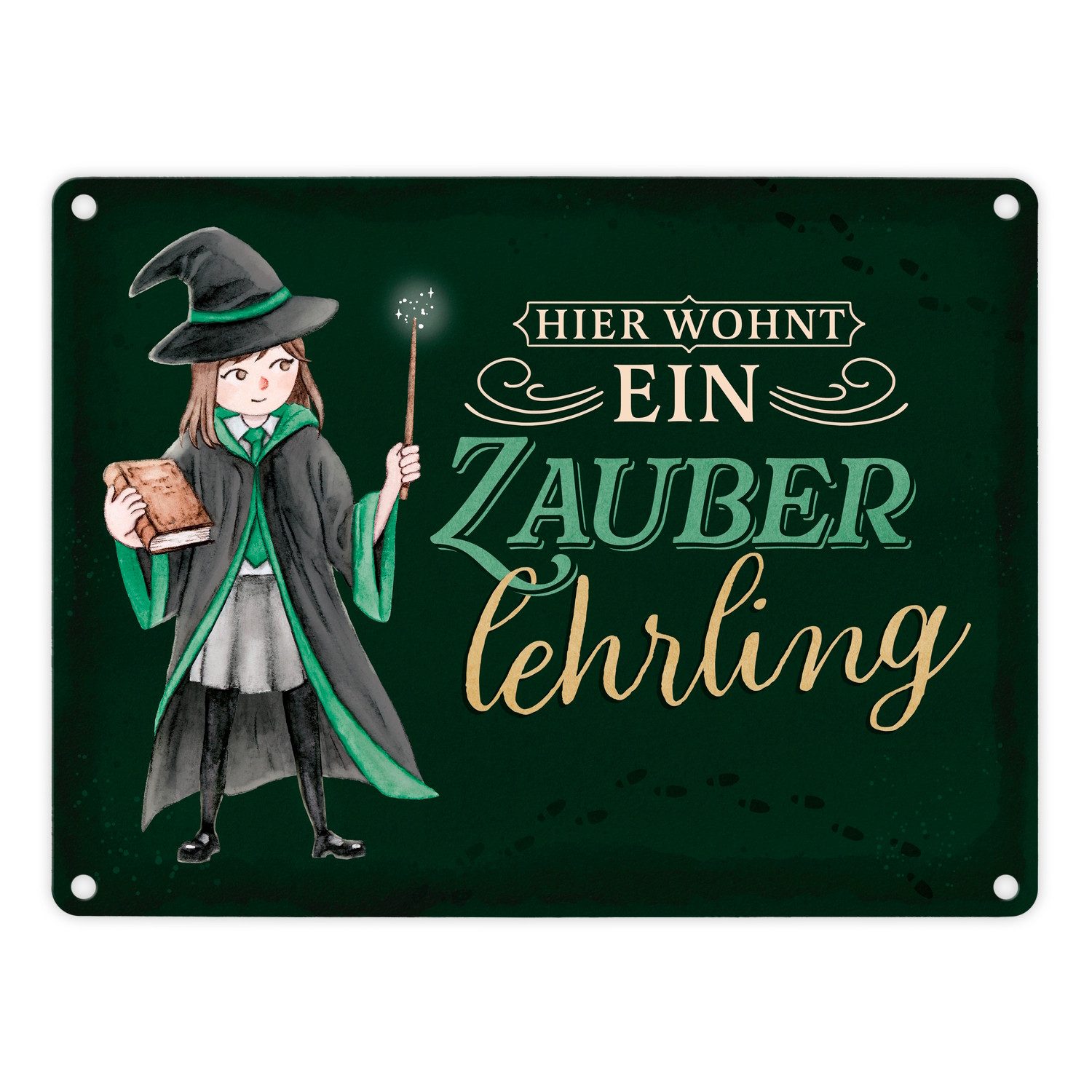 Metallschild Zauberschülerin Metallschild in 15x20 cm grün mit dunklem Hintergrund