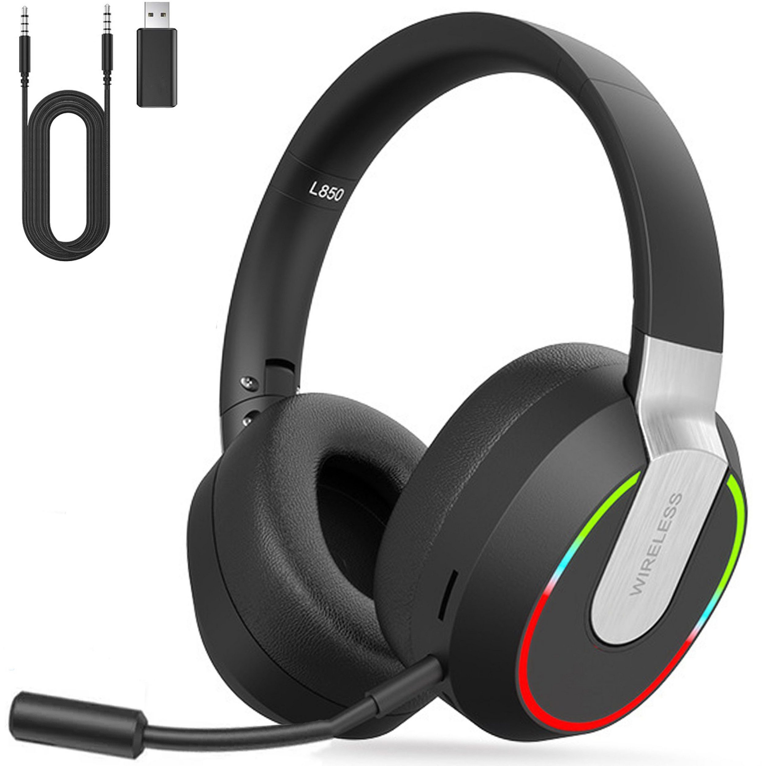 Fyrove 2,4 GHz Wireless Gaming Headset für PC, PS4, PS5, Mac, Switch Gaming-Headset (Bluetooth Kabelloses Kopfhörer mit abnehmbarem Mikrofon mit Geräuschunterdrückung)