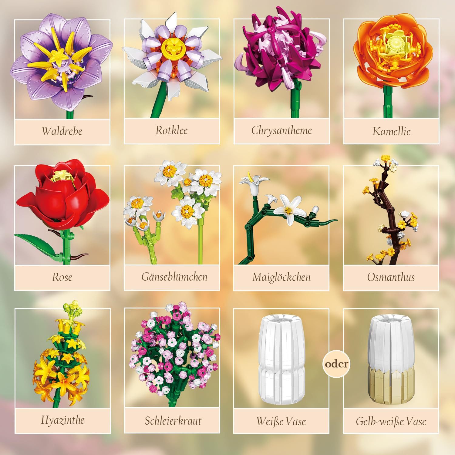 Bundviel Künstliche Blumen Bau-Set Blumentopf-Set Spielzeug Flowers Bausteinen Spielbausteine, (Set, 1458 St)