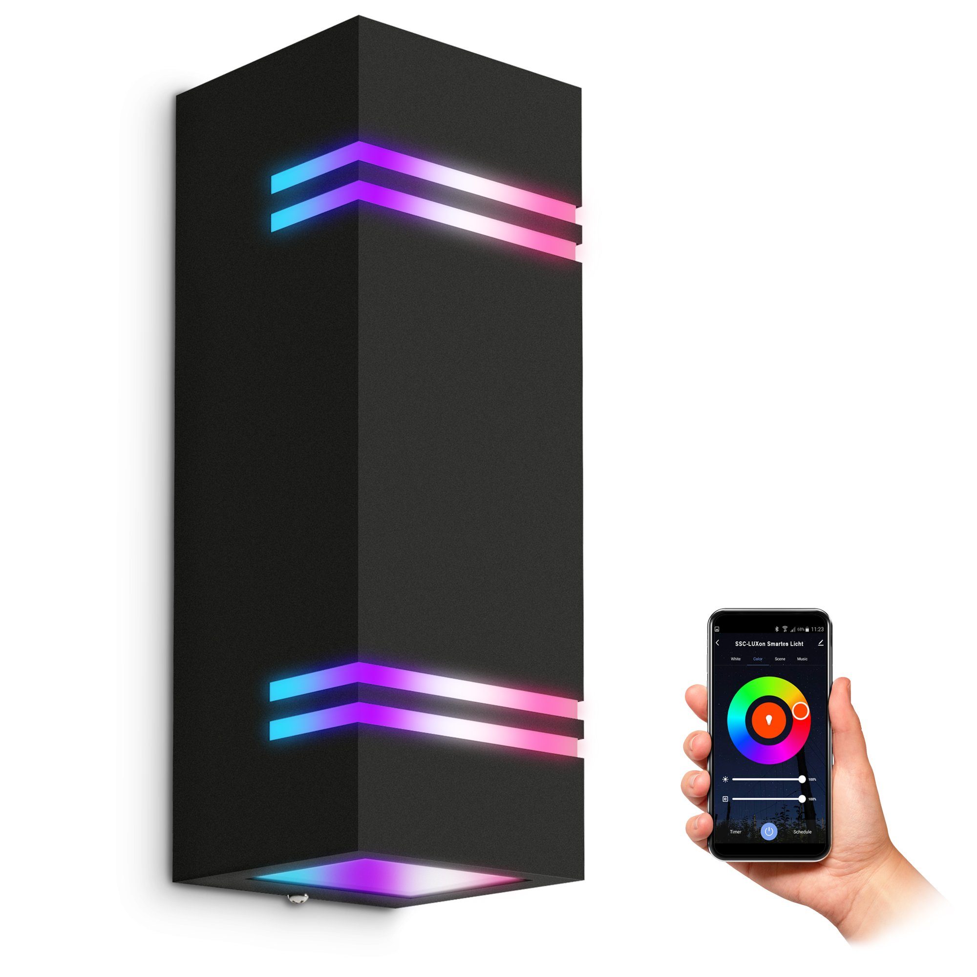 SSC-LUXon LED Aufbaustrahler JOVO-L Wand-Aussenleuchte Up & Down IP44 schwarz mit 2x WiFi Smart RGB, RGB