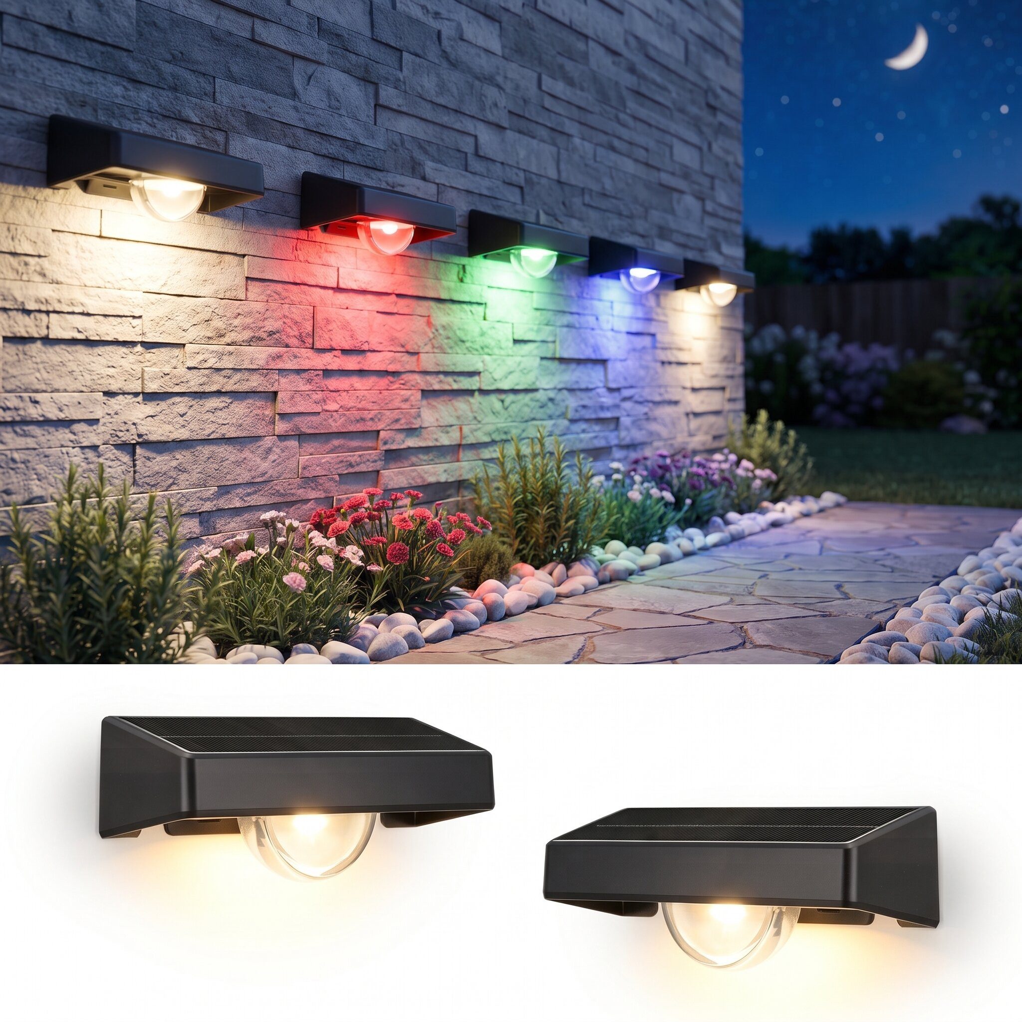 WILGOON LED Außen-Wandleuchte 2/4 Stück RGB Zaunbeleuchtung, Einstellbar LED Solarleuchte für Außen, 3 Farbtemperaturen + RGB, LED fest integriert, Kaltweiß, Warmweiß, RGB, RGB Led Solar Gartenleuchten für Terrasse, Stufen, Terrasse, Zaun