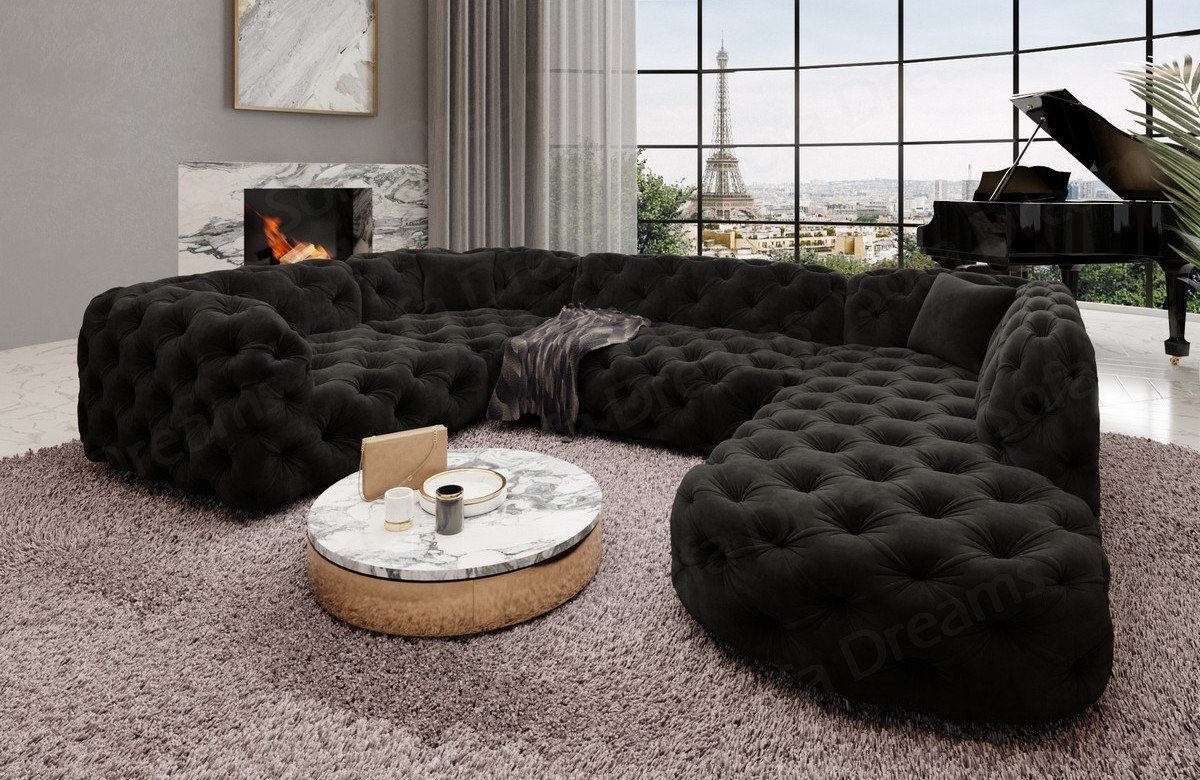 Sofa Dreams Wohnlandschaft Stoff Sofa Design Couch Lanzarote U Form Stoffsofa, Couch im Chesterfield Stil schwarz95