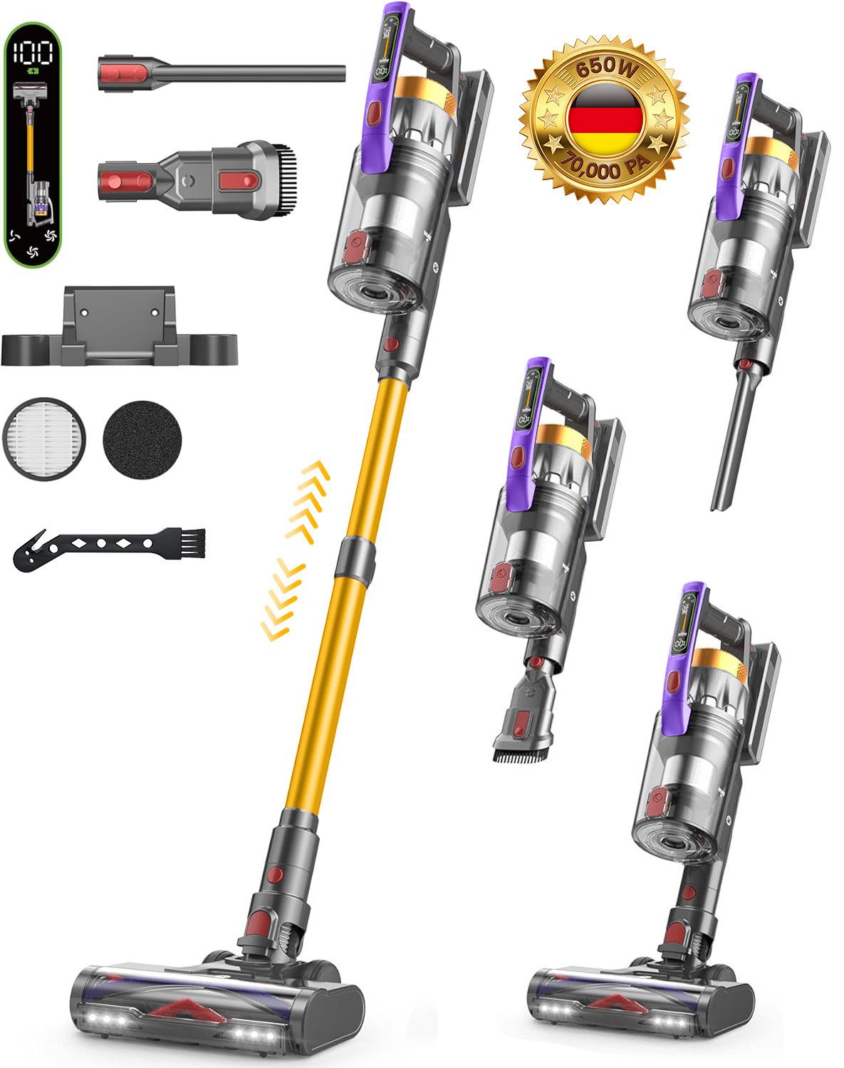 ZOOMCAT Hand-und Stielstaubsauger Akku Staubsauger Kabellos, 70KPA/650W/70Mins Handstaubsauger, 650 W, beutellos, Kabellos, Einfache Reinigung, Flexible Nutzung