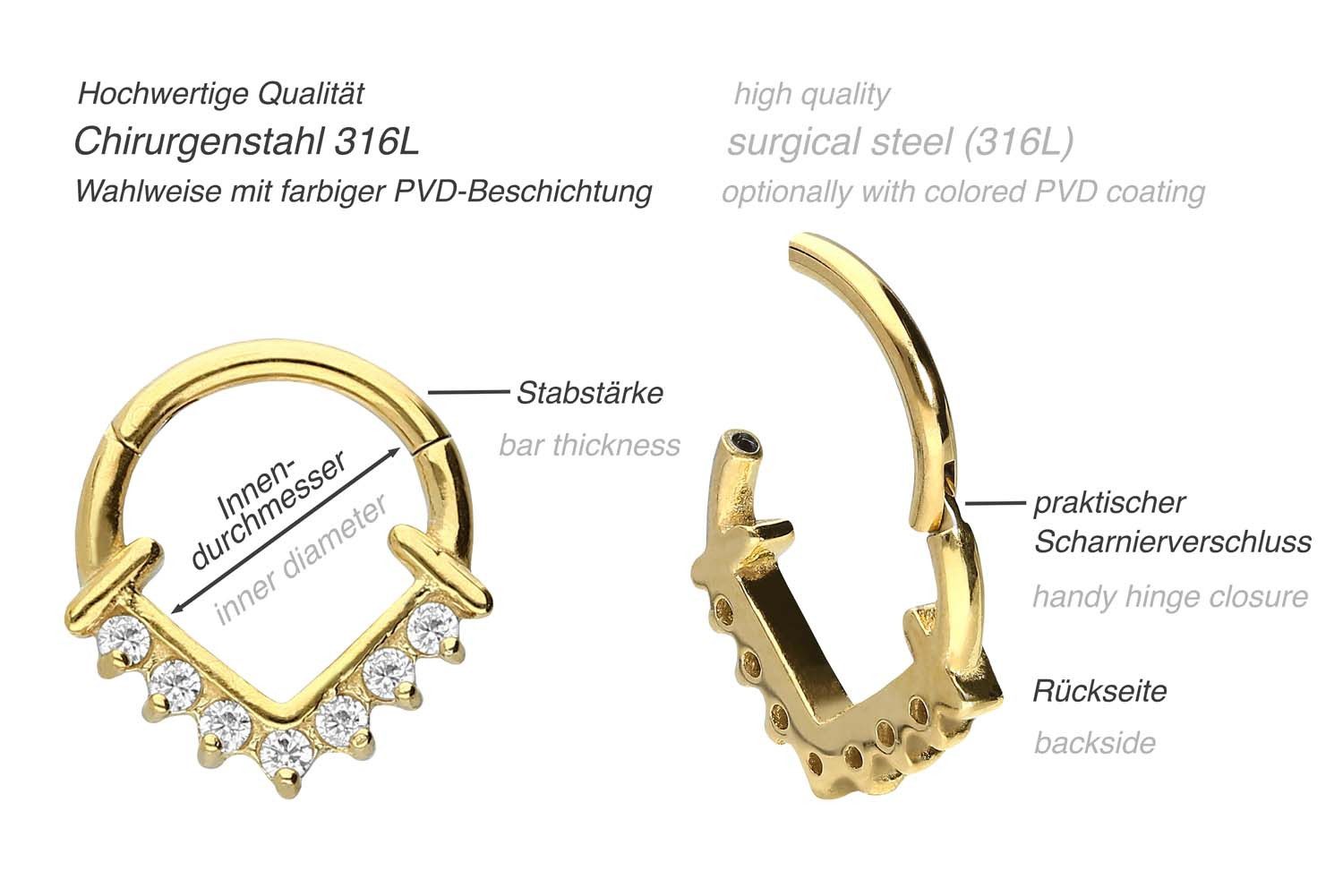 PIERCINGLINE Nasenpiercing Chirurgenstahl Segmentring Clicker 7 EINGEFASSTE KRISTALLE (Clicker, 1-tlg), Ohrpiercing für Conch, Helix, Tragus, Daith, Lobe