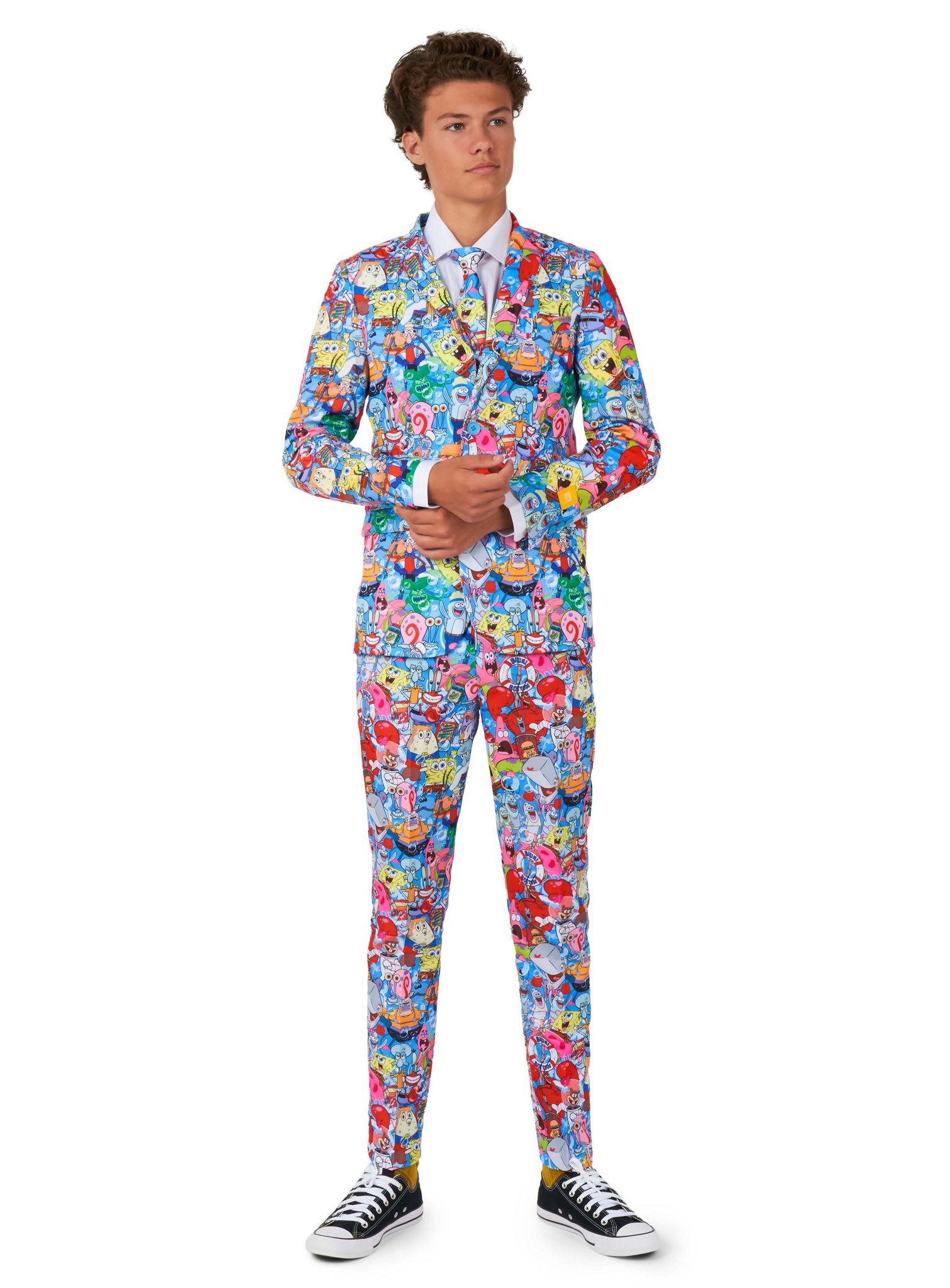 Opposuits Partyanzug Teen SpongeBob Frenzy Anzug für Jugendliche, Da tummelt sich ganz Bikini Bottom auf Deiner Kleidung!