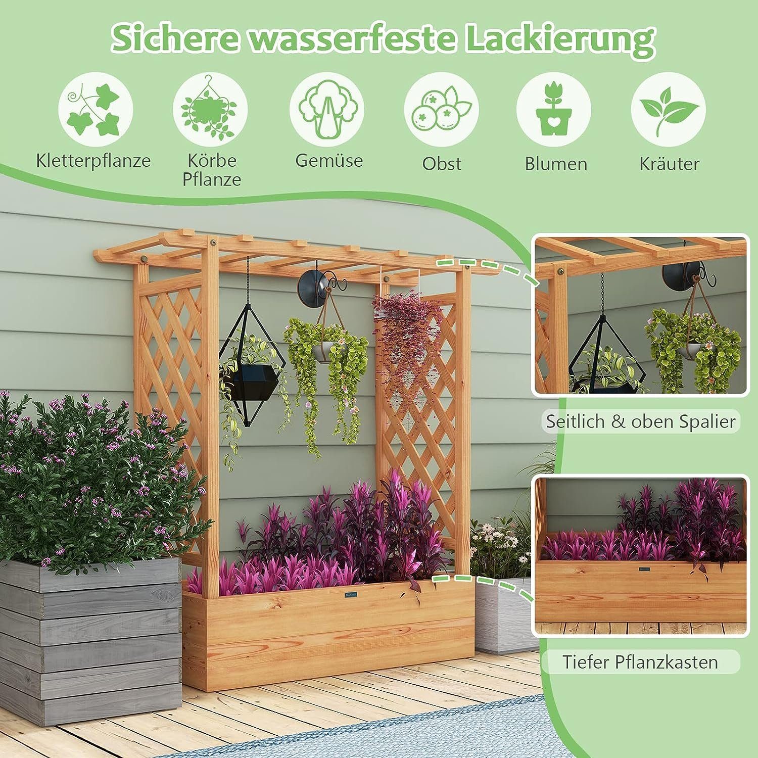 KOMFOTTEU Hochbeet mit Rankgitter Pflanzkasten, mit Ablauflöchern, für kletternde Pflanzen – Bild 3 von 5