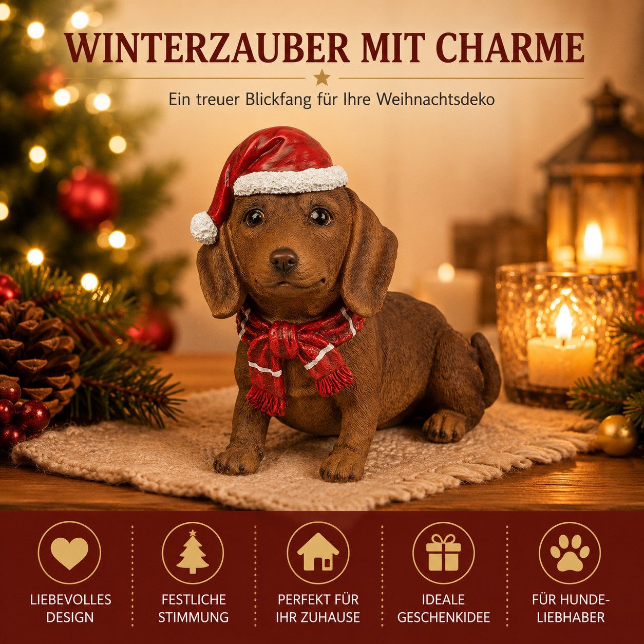 formano Dekofigur Weihnachts-Dackel Dekofigur mit Mütze & Schal 28 x 23 x 13 cm – Bild 2 von 5