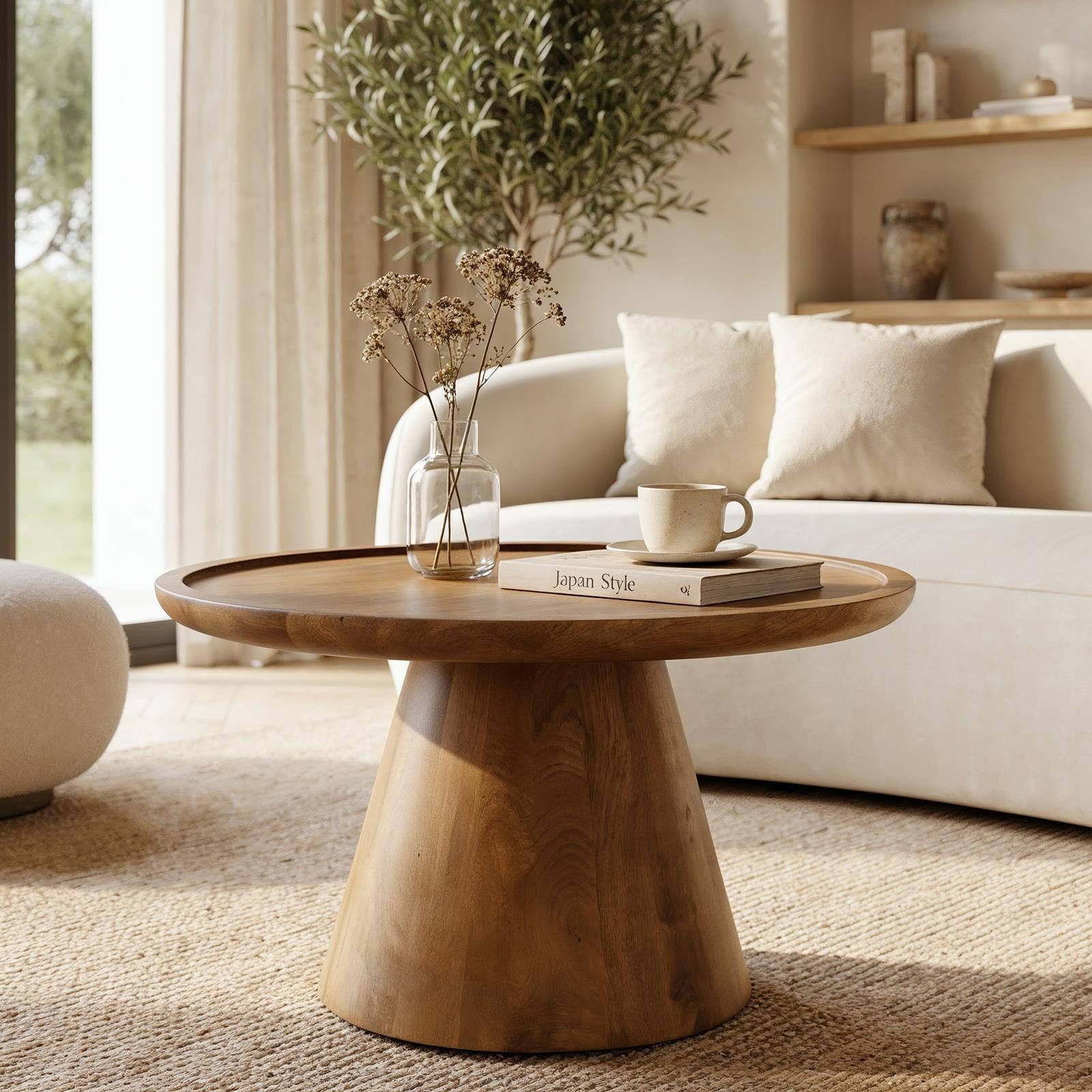 IDIMEX Couchtisch DALOA, Wohnzimmertisch rund 65 cm aus Mangoholz mit erhöhtem Rand Hellbraun