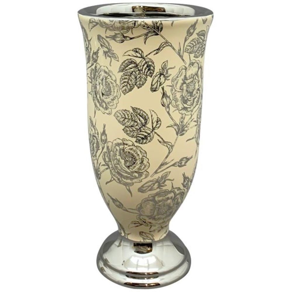 Exner GmbH Garten- & Wohnaccessoires Dekovase Vase Tisch Beige Silber Rosenmuster Pokal Keramik 20 cm, Barockstil