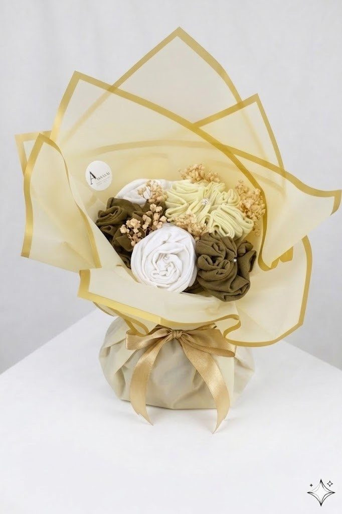 Aymasal Hijab Hijab Bouquet Strauss - Geschenkstrauß persönliches Geschenk Islam (Mehrteiliges Set, 3 Jersey Hijabs, 4 Hijab Nadeln, Bouquet Geschenkverpackung) Hijab Geschenkstrauß Jersey Kopftuch Set 3 Tücher Geschenkidee für Eid