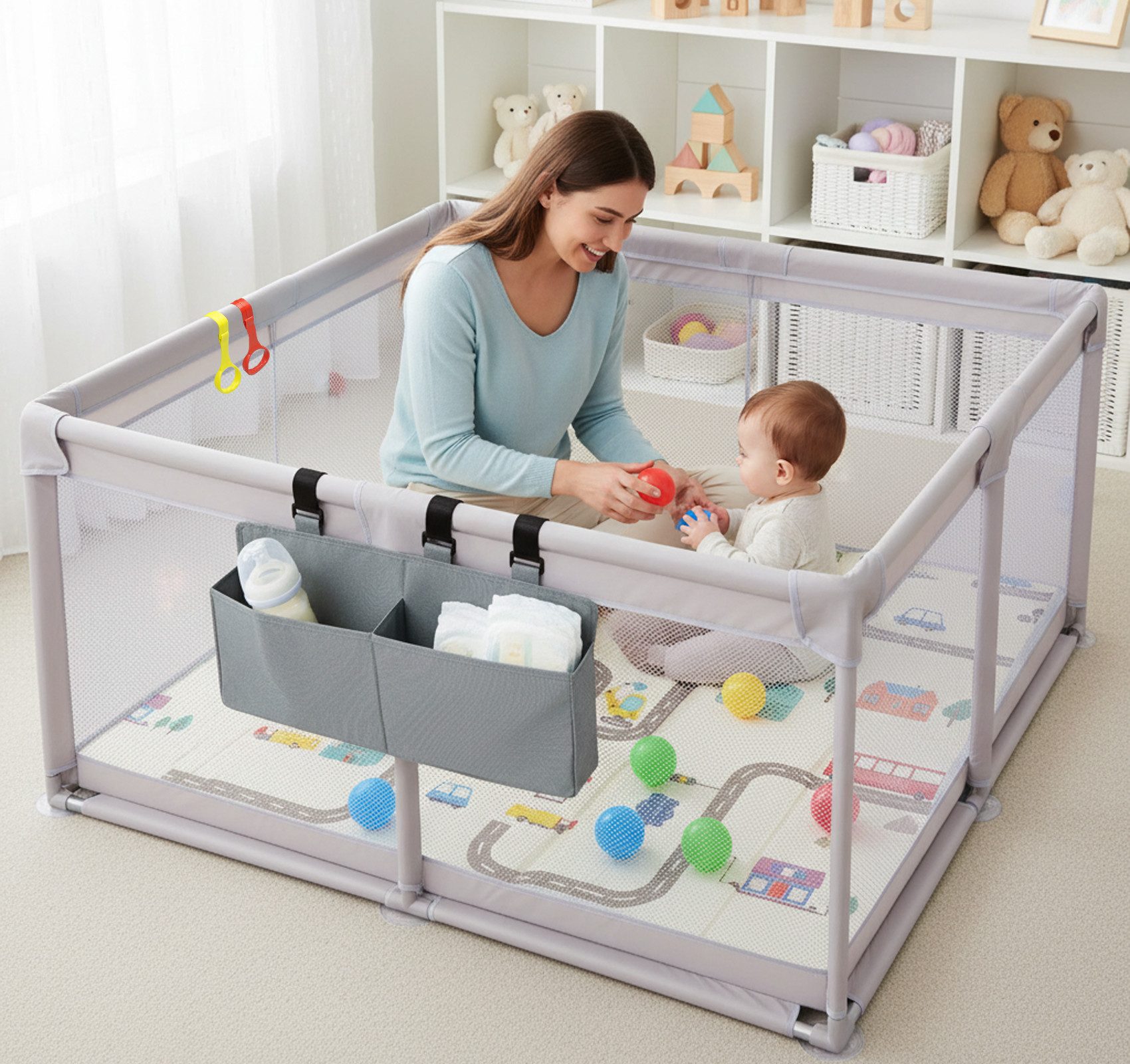 ElitVita Laufgitter Laufstall Baby mit matratze, 600D Oxford Stoff,mit Aufbewahrungstasche, Laufstall 120x120cm mit Ozeanbälle,Tragetasche,Atmungsaktivem Net