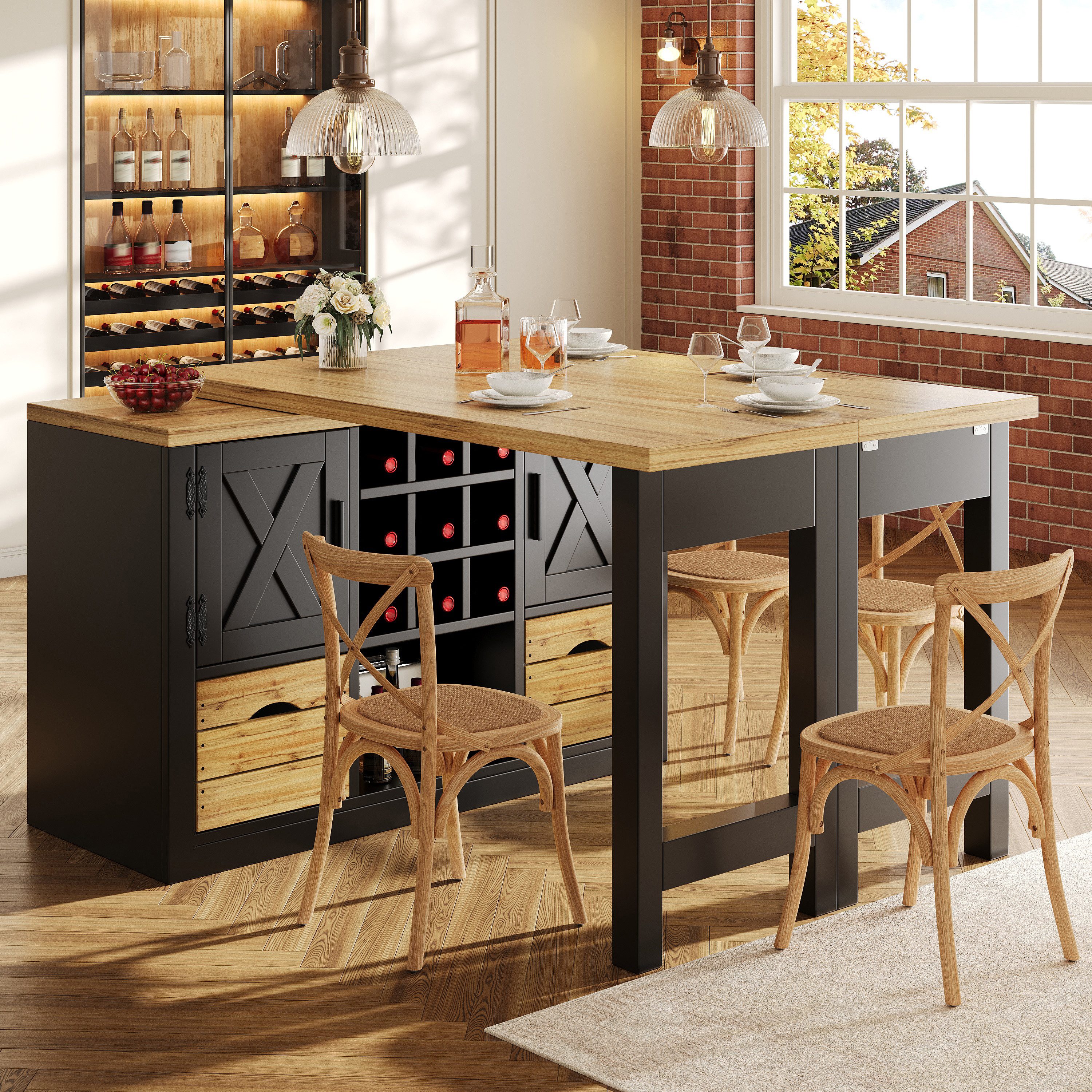 Flieks Kücheninsel Küchenschrank mit 360° drehbarer und klappbarer Arbeitstisch, (Holzoptik Tischplatte Tiefe 40-80cm, Längenverstellbar 120-197 cm), ausziehbarer Esstisch & Mehrzweckschrank mit Weinregal & Holzschublade
