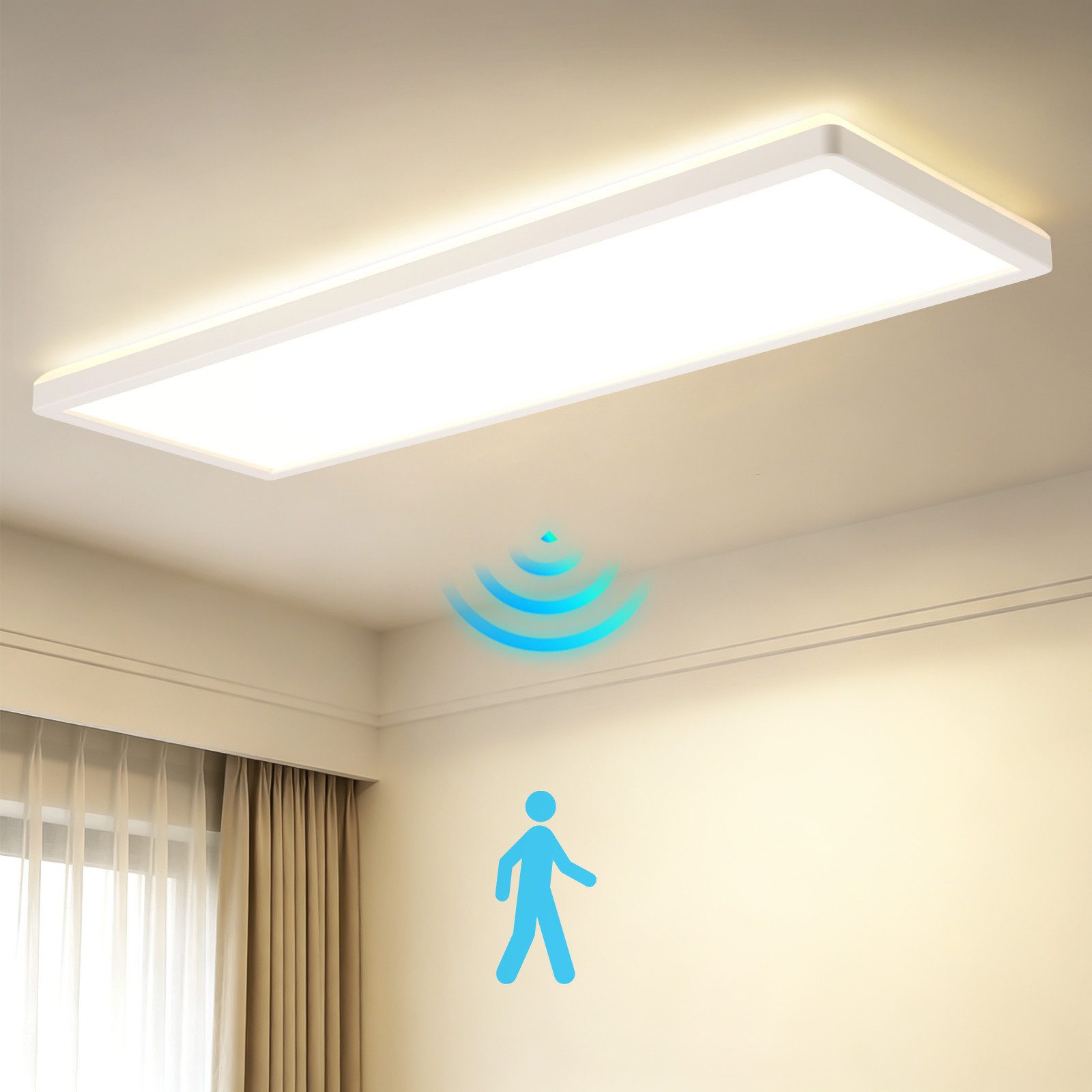 Nettlife LED Panel deckenleuchte bewegungsmelder 24W 120/165°Erfassungswinkel, LED fest integriert, für Flur Garage rechteckig 58 x 20 cm