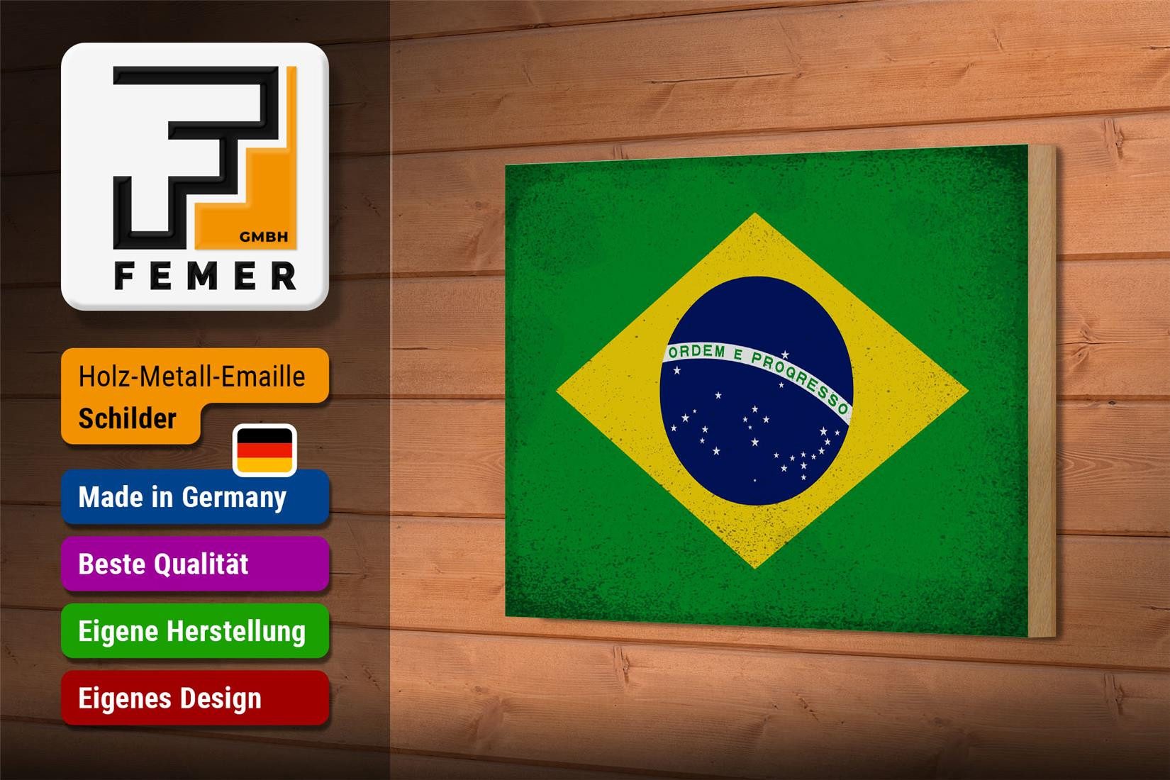 Femer GmbH Holzbild Flagge Brasilien 18x12cm Flag of Brazil Vintage, Flaggen (1 St), Glatte Holzfaserplatte (MDF), vorn beschichtet
