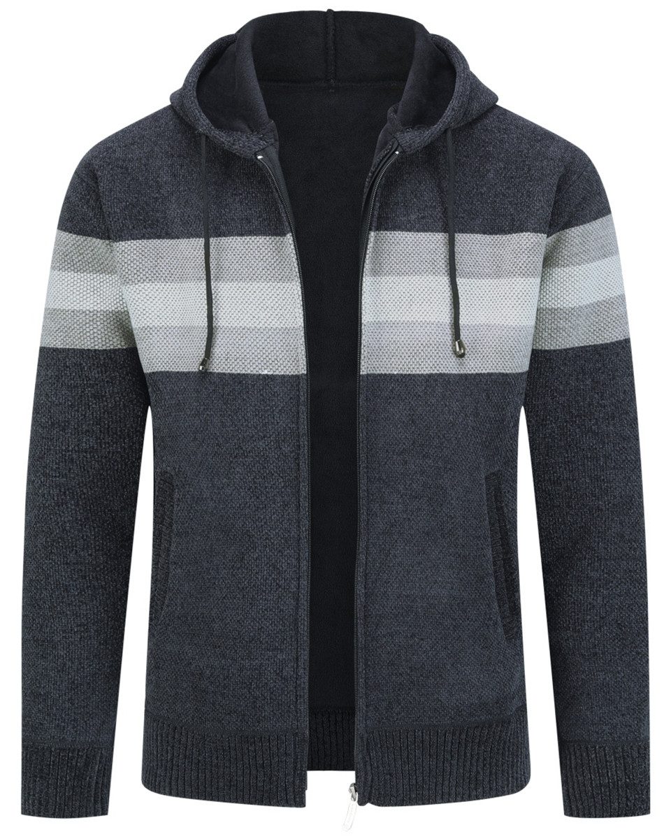 Allthemen Cardigan mit Kapuze Strickjacke Herren gefütterte Winterjacke Kontraststreifen