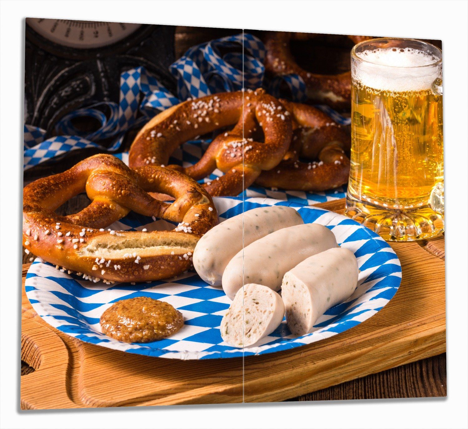 Wallario Herd-Abdeckplatte Bayerische Brotzeit mit Weißwurst, Brezel und Bier, ESG-Sicherheitsglas, (Glasplatte, 2 tlg., inkl. 5mm Noppen), verschiedene Größen