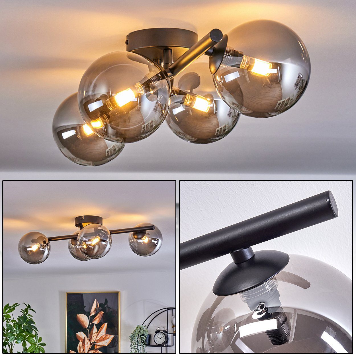 hofstein Deckenleuchte Deckenlampe aus Metall/Glas in Schwarz/Rauchfarben, günstig online kaufen