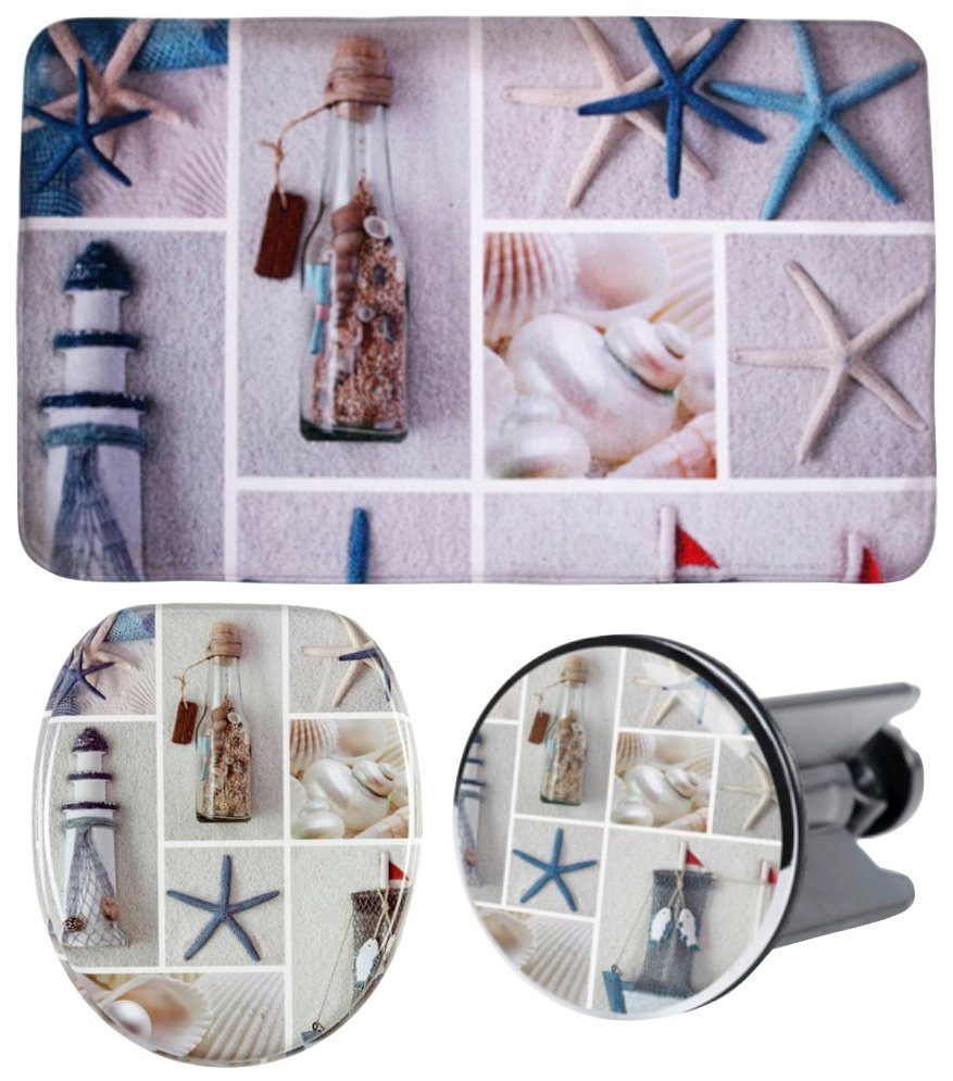 Sanilo Badaccessoire-Set Meeresbrise, Komplett-Set, 3 tlg., bestehend aus WC-Sitz, Badteppich und Waschbeckenstöpsel