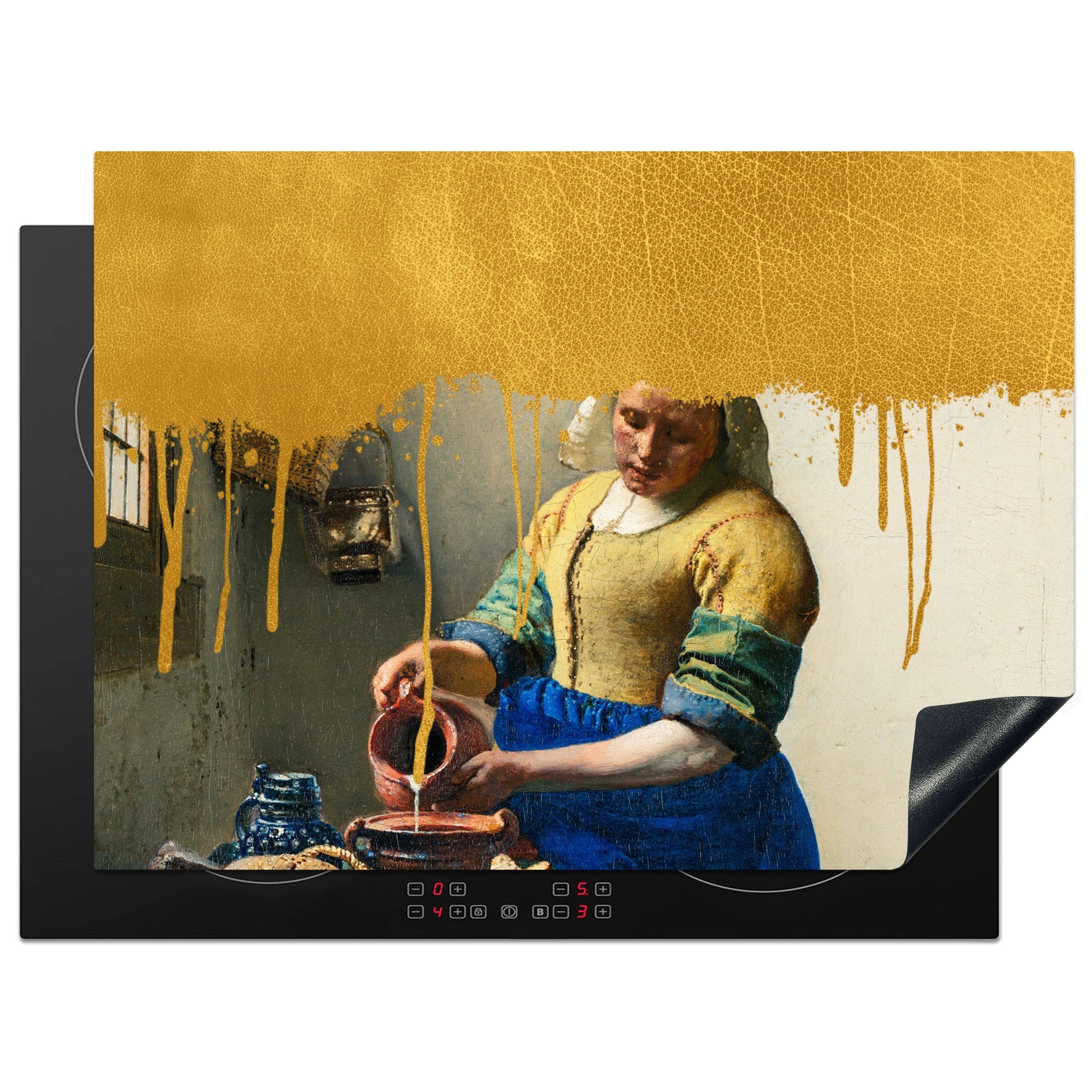 MuchoWow Herdblende-/Abdeckplatte Vermeer - Gold - Milchmädchen, Vinyl, (1 tlg), 71x52 cm, Induktionskochfeld Schutz für die küche, Ceranfeldabdeckung