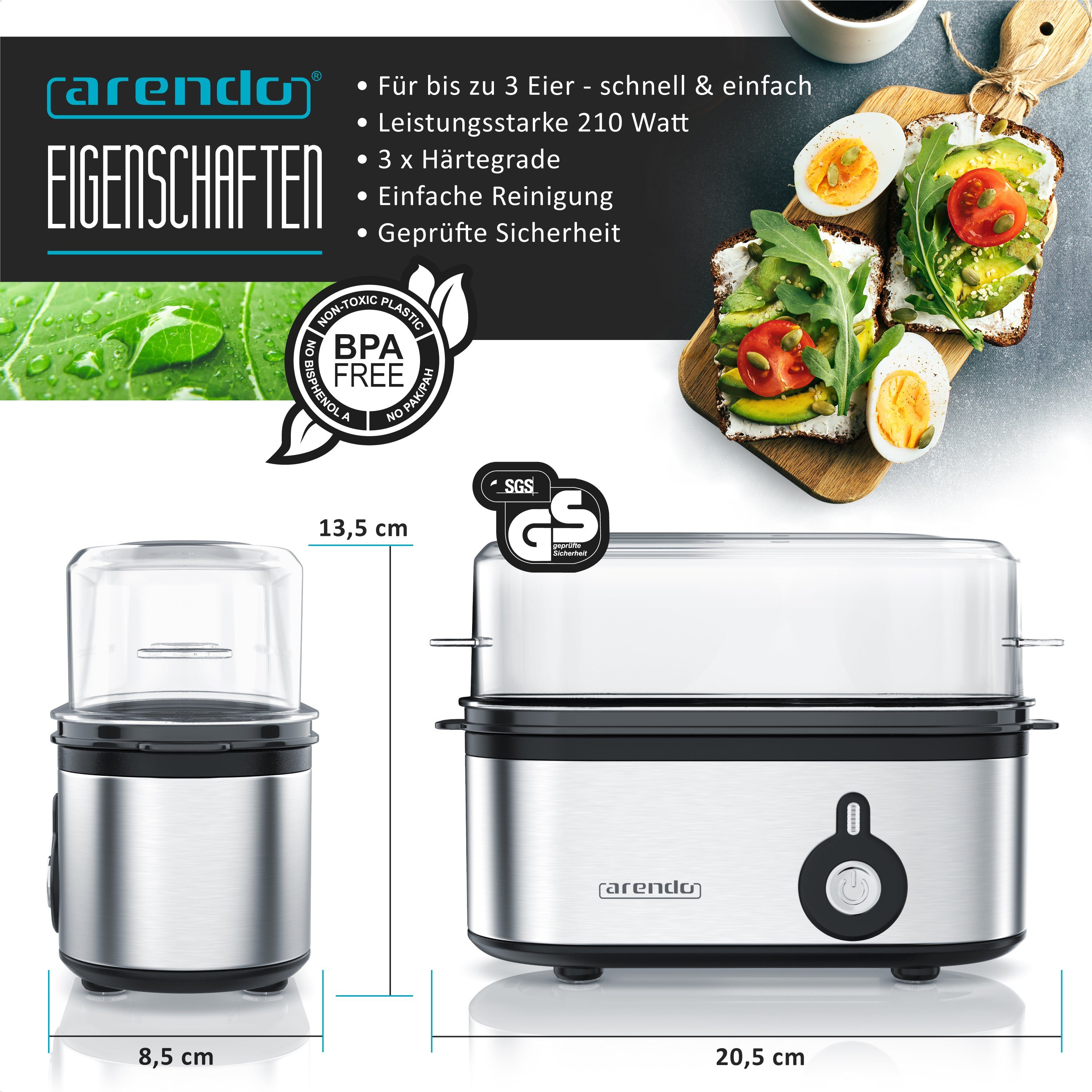 Arendo Eierkocher 3-fach, Edelstahl, frei wählbarer Härtegrad, Ein / Aus-Schalter, Anzahl Eier: 3 St., 210 W, Threecook Egg Cooker, GS, BPA-frei, für 1 bis 3 Eier