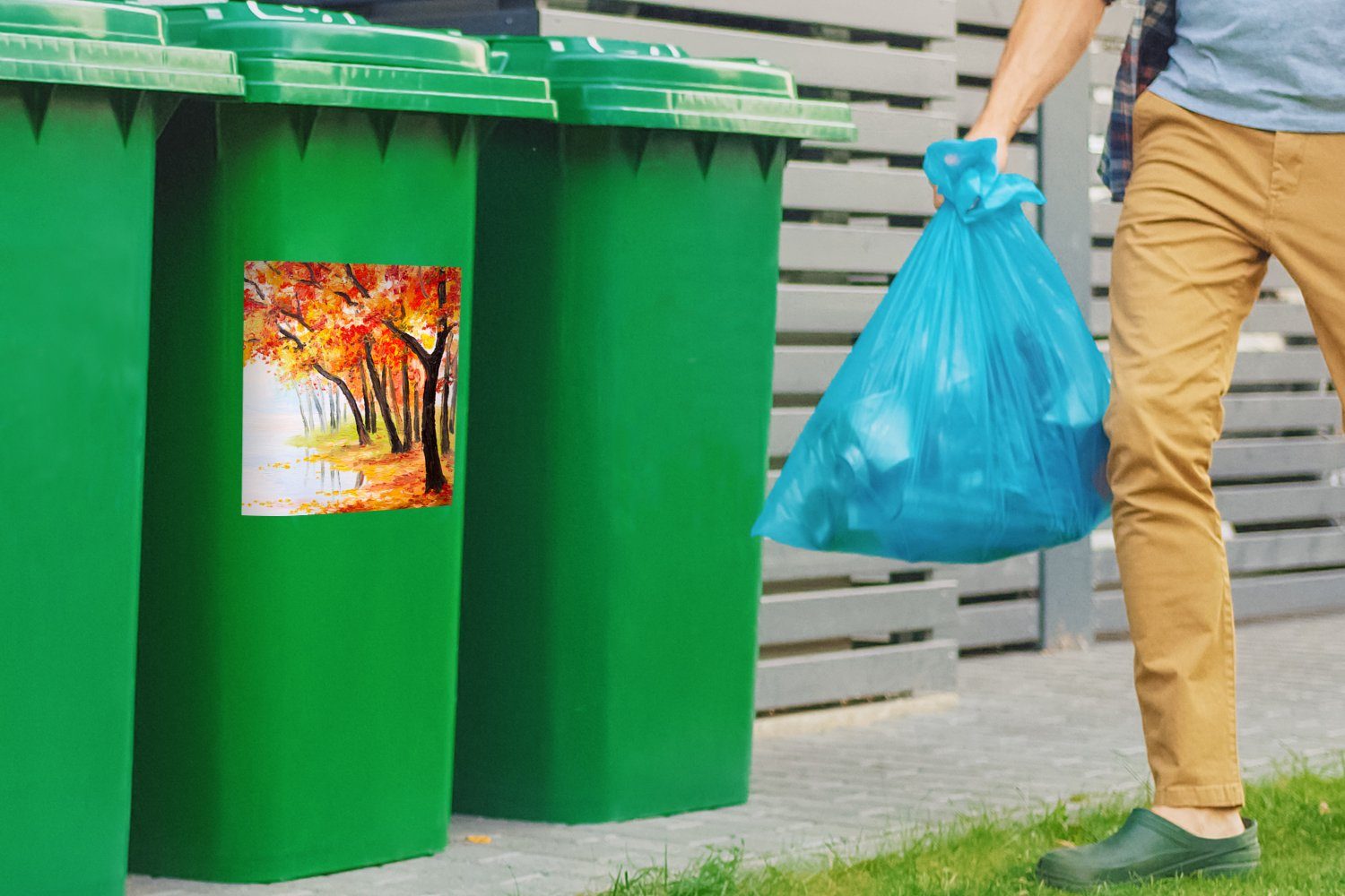 MuchoWow Wandsticker Abfalbehälter Mülltonne, - Ölfarbe - - - (1 Gemälde Mülleimer-aufkleber, Sticker, St), Wasser Container, Bäume Herbst