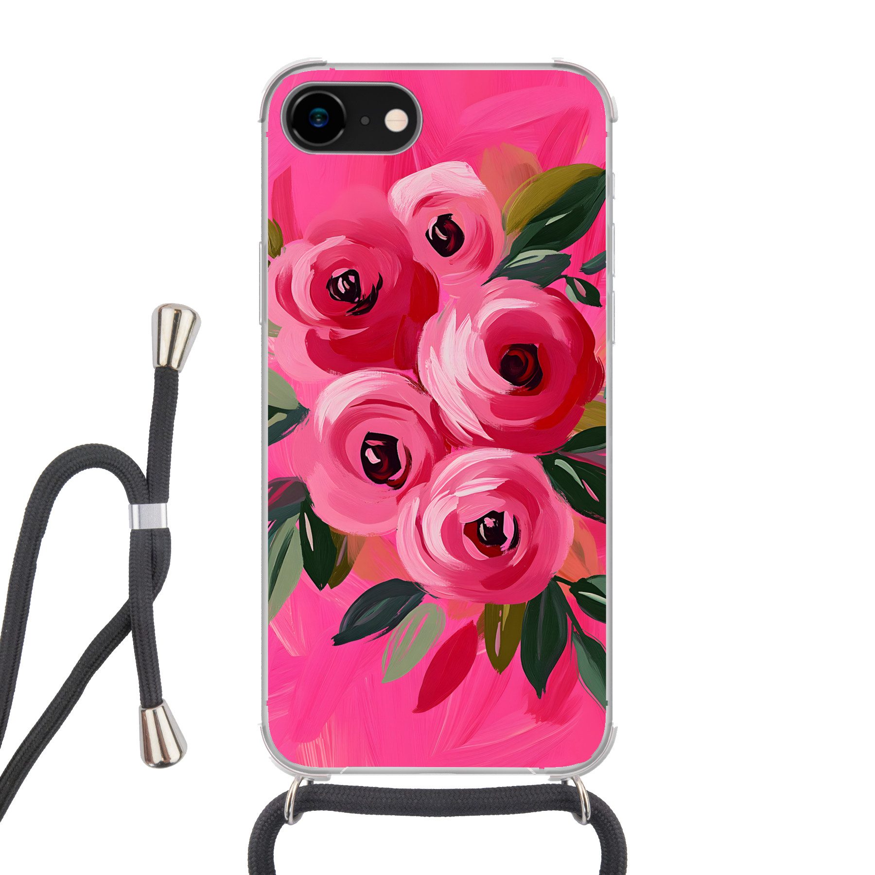 MuchoWow Handyhülle für Apple iPhone 7 Blumen - Farbe - Rosa, Tragbare Handyhüllen mit Kette zum umhängen, Handykette Handyband