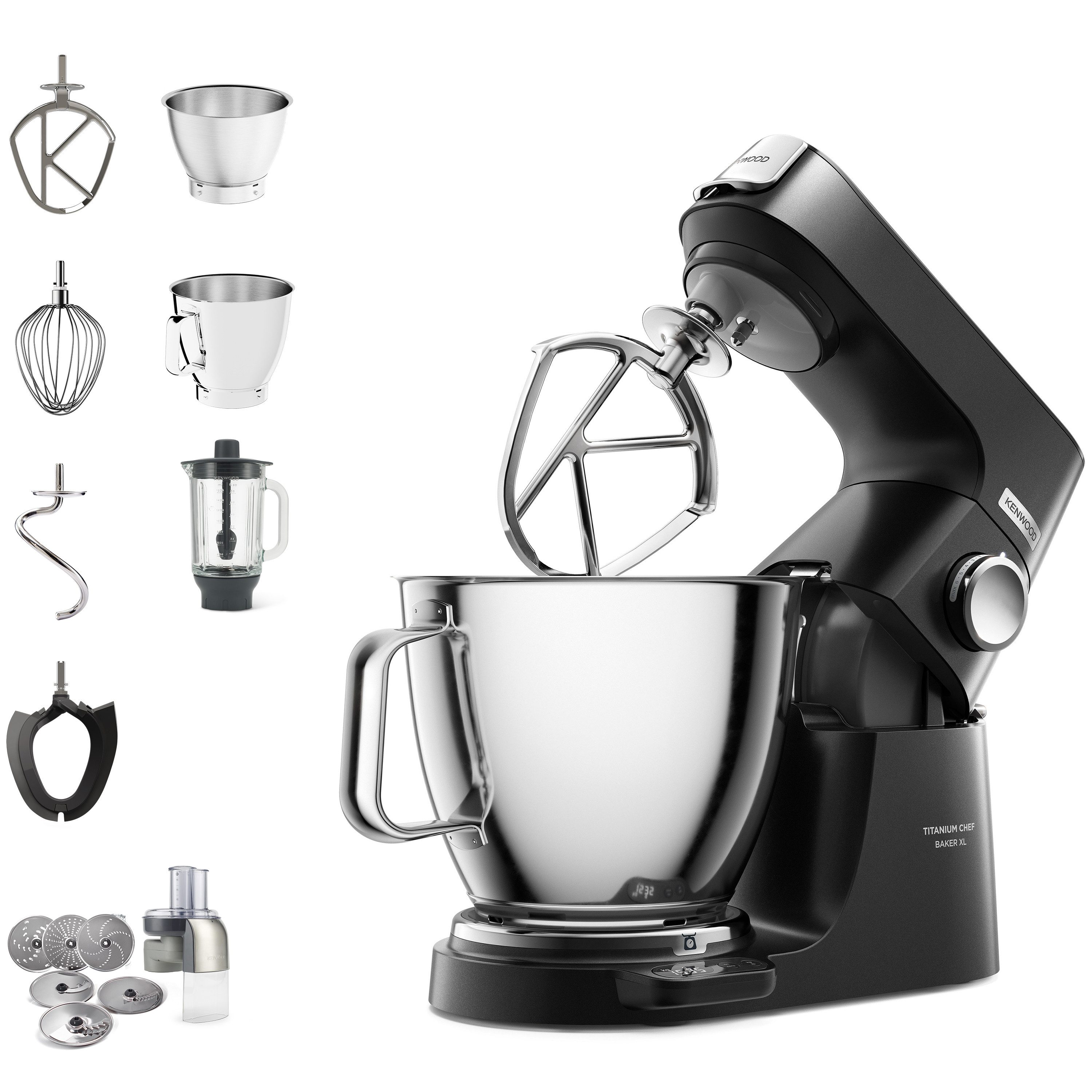 KENWOOD Küchenmaschine Titanium Chef Baker XL KVL85.004BK, Zubehör, Gratis Wert UVP 319,-", 1200 W, 7 l Schüssel, Gratis: Mixaufsatz KAH359GL+Schnitzelwerk AT340