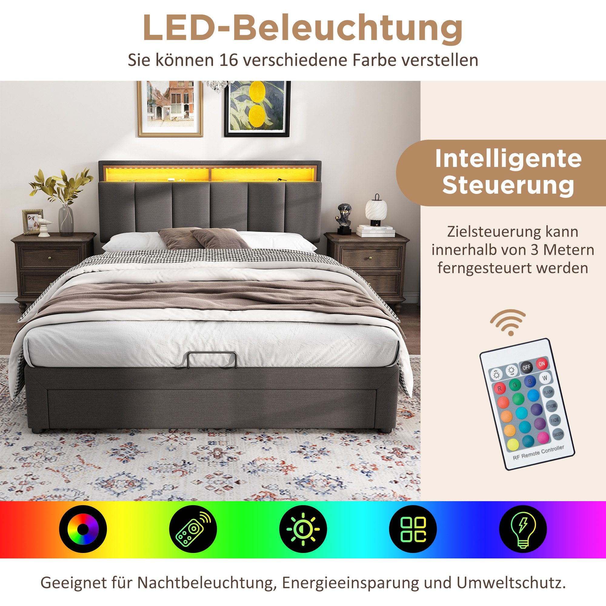 Flieks Polsterbett, LED Hydraulisches Doppelbett mit Schubladen 140x200cm Leinen