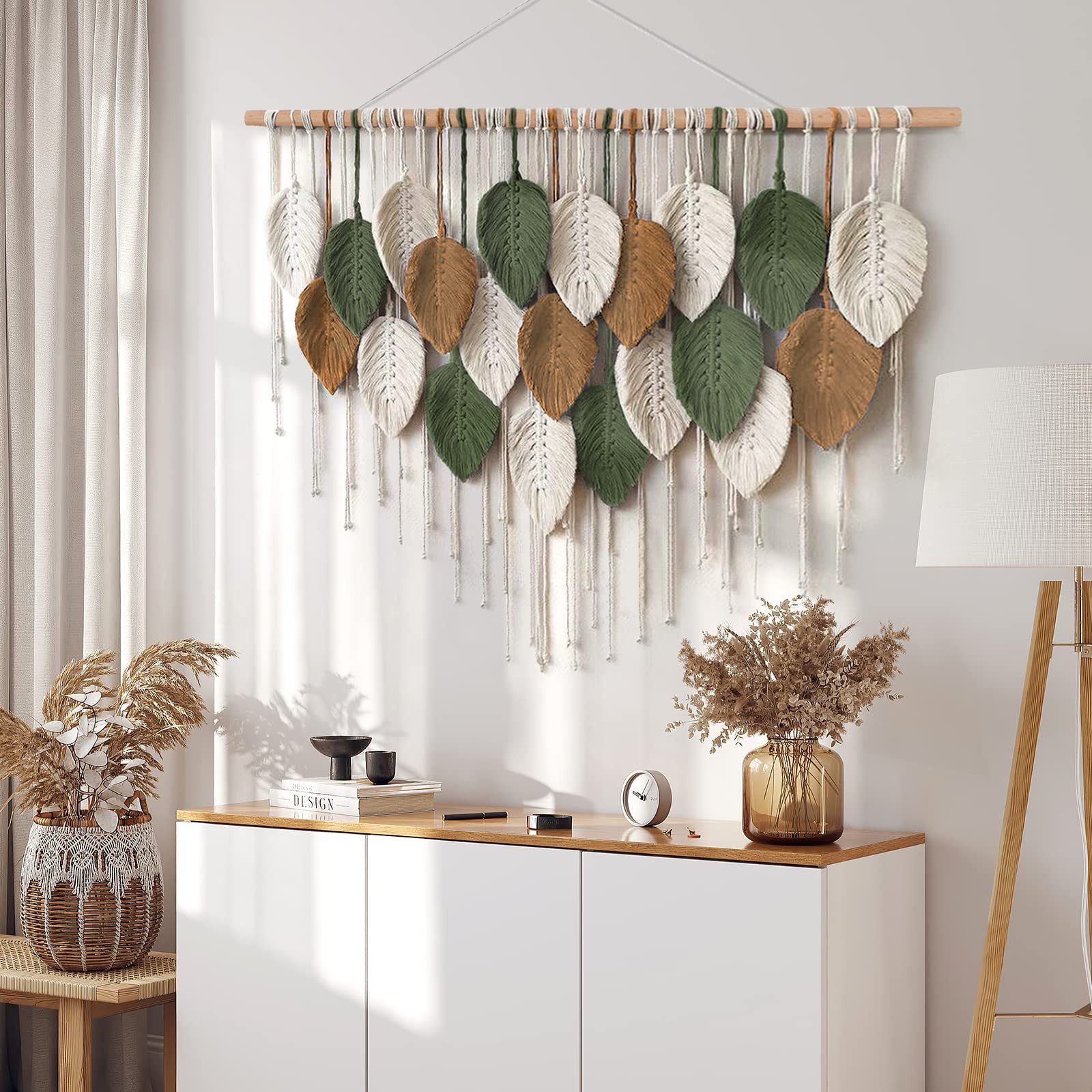 Agger Wanddekoobjekt Großer Wandbehang Wandteppich, Boho Makramee Gewebte Handgemachte, Quaste Blatt Tapisserie Böhmische Wandkunst Dekor – Bild 2 von 5