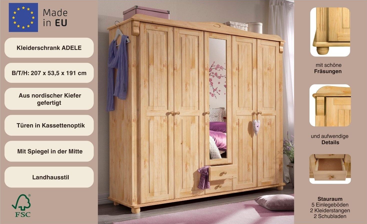 OTTO home Kleiderschrank Adele (4 Breiten: 92/130/169/207 H/T ca. 191/54 cm günstig online kaufen