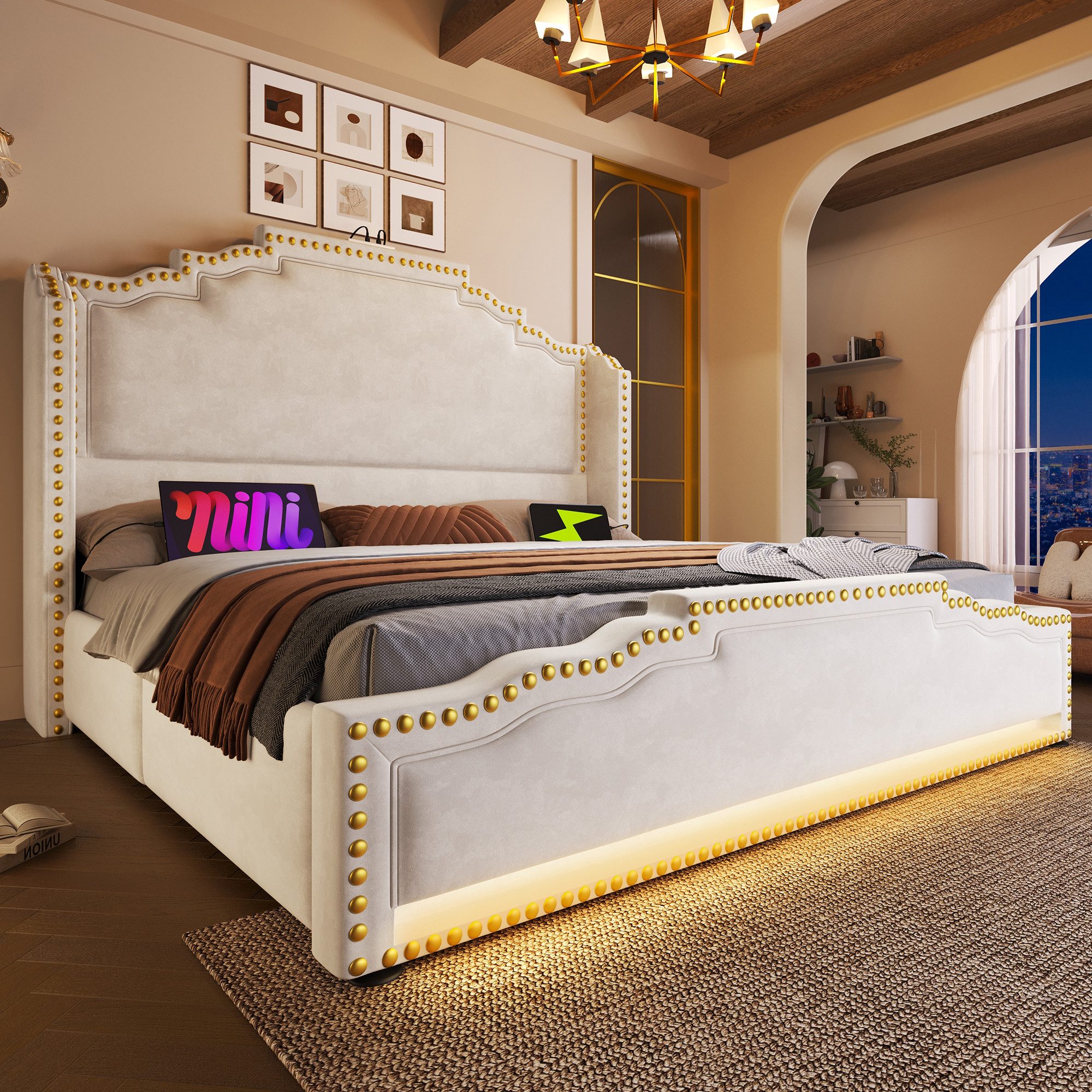 Flieks Polsterbett, Doppelbett 160x200cm mit LED-Beleuchtung 4 Schubladen u günstig online kaufen