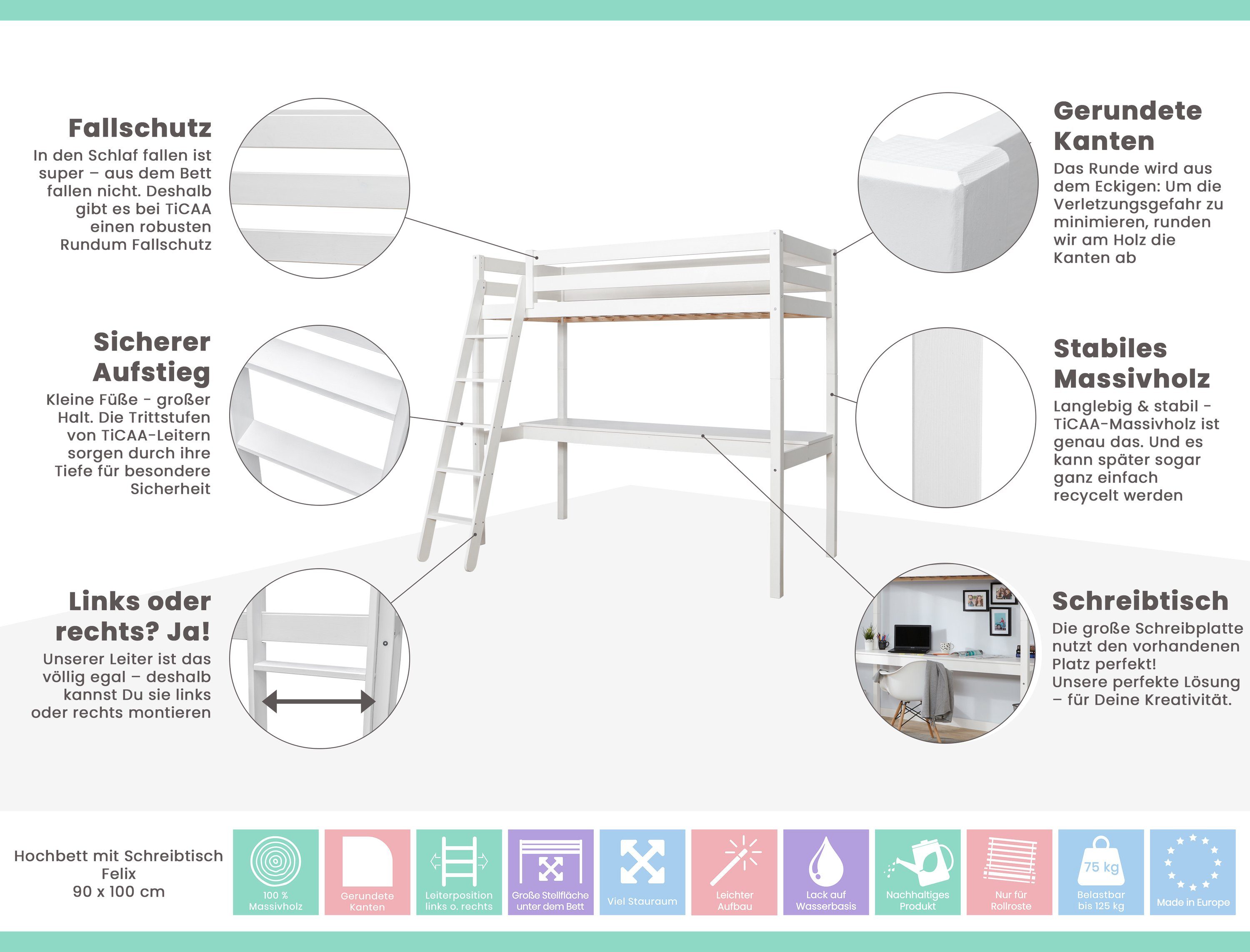 Ticaa loft bed “Felix” with desk, solid pine, optimal space utilization, desk surface dimensions L206 x W50 cm