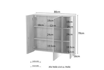 andas Badmöbel-Set Lund Badmöbel Set Badschrank Badezimmerset, (Komplett-Set, 3-St), Waschtisch, Spiegelschrank und Becken Breite 80cm