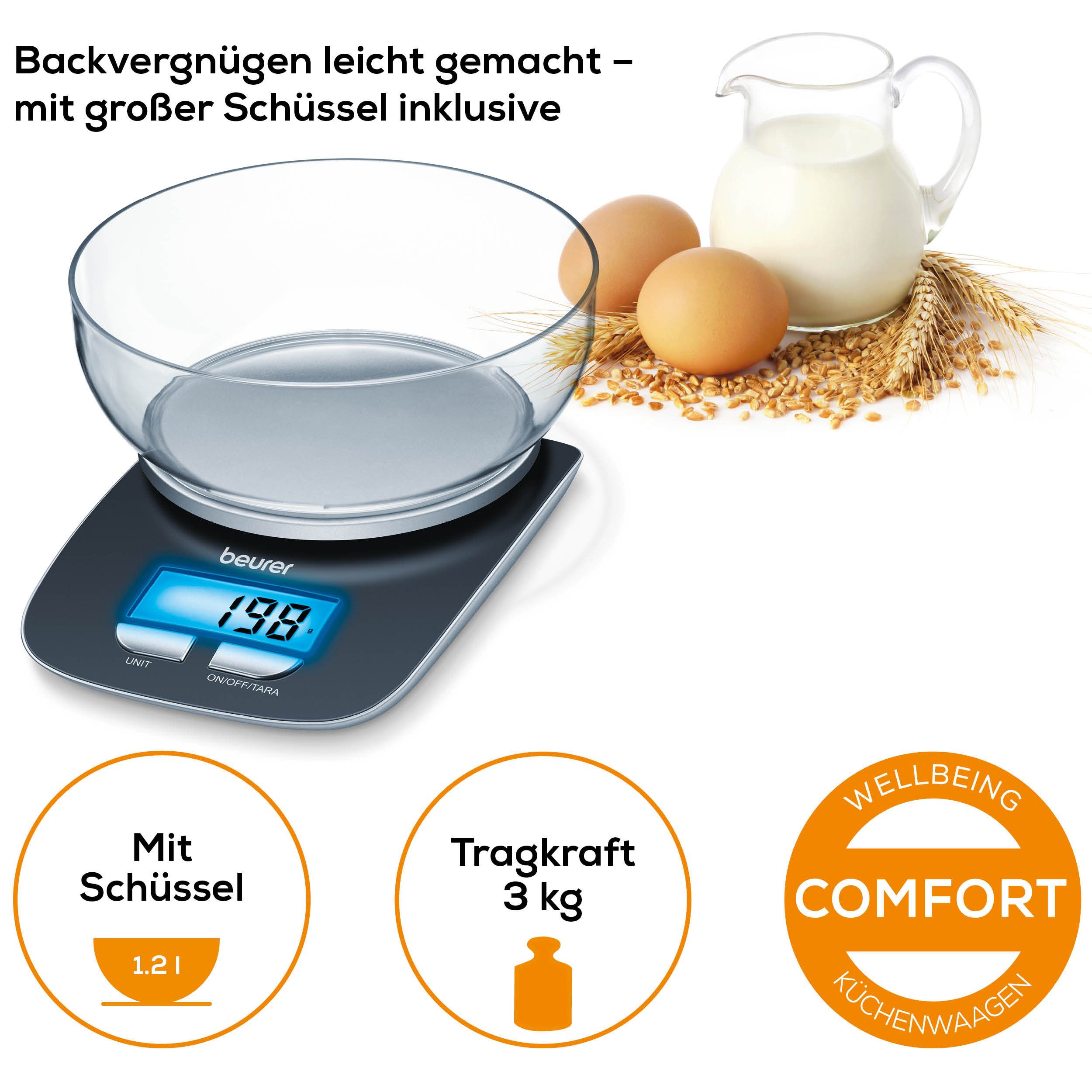 BEURER Küchenwaage KS 25 Haushaltswaage, mit praktischer Schüssel, Tara-Zuwiegefunktion, Koch- und Backwaage mit 3 kg Tragkraft und Schüssel mit 1,2l – Bild 3 von 5