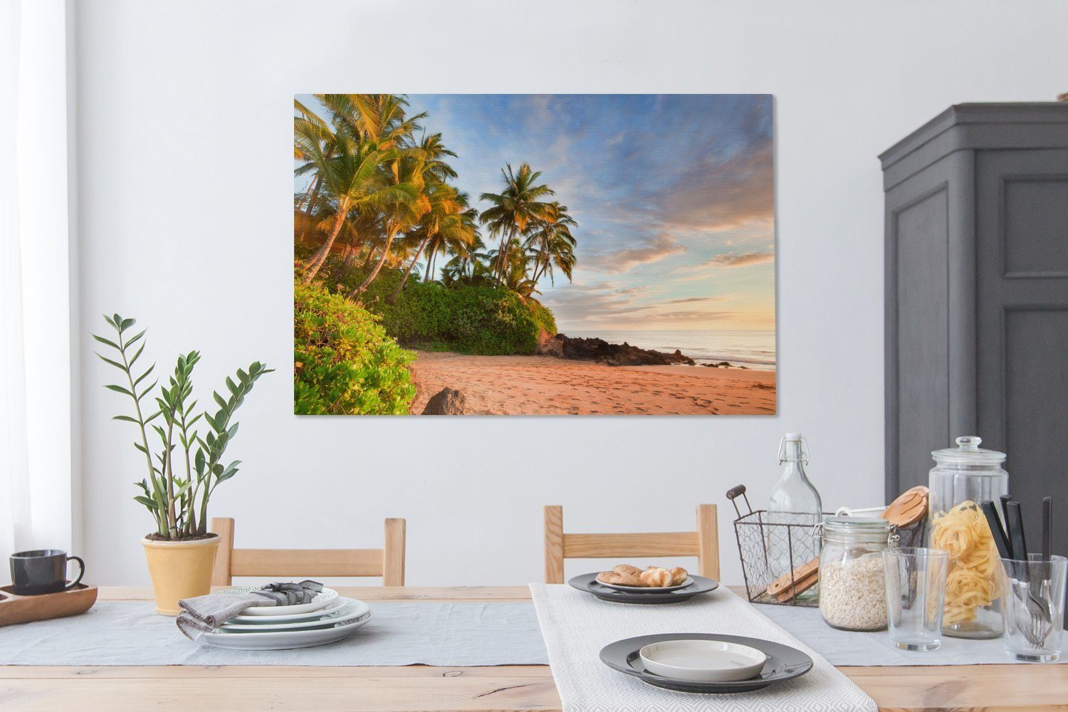 OneMillionCanvasses® Leinwandbild Palmen alle cm Gemälde, am XXL, Hawaii, Insel für Wohnbereiche, 120x80 Wandbild (1 amerikanischen großes, der St), hängende Strand Schief